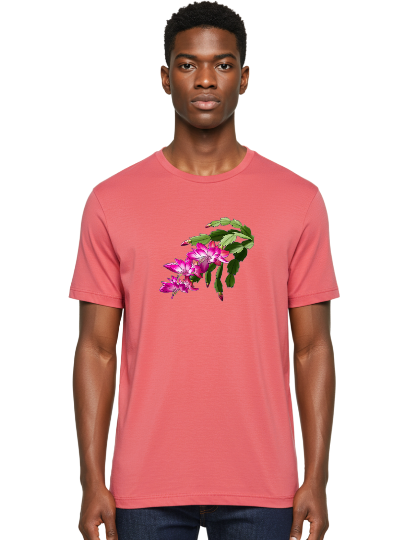 Christmas-Cactus Men'S Graphic Tee, 100% Cotton, Comfortable Casual Summer Wear, Machine Washable, Pink Flowers, Christmas Cactus, Festive Blooms, Holiday Decor, Vibrant Pink, White Accents, Green Leaves, Blooming Plants, Floral Arrangements Bac849 25