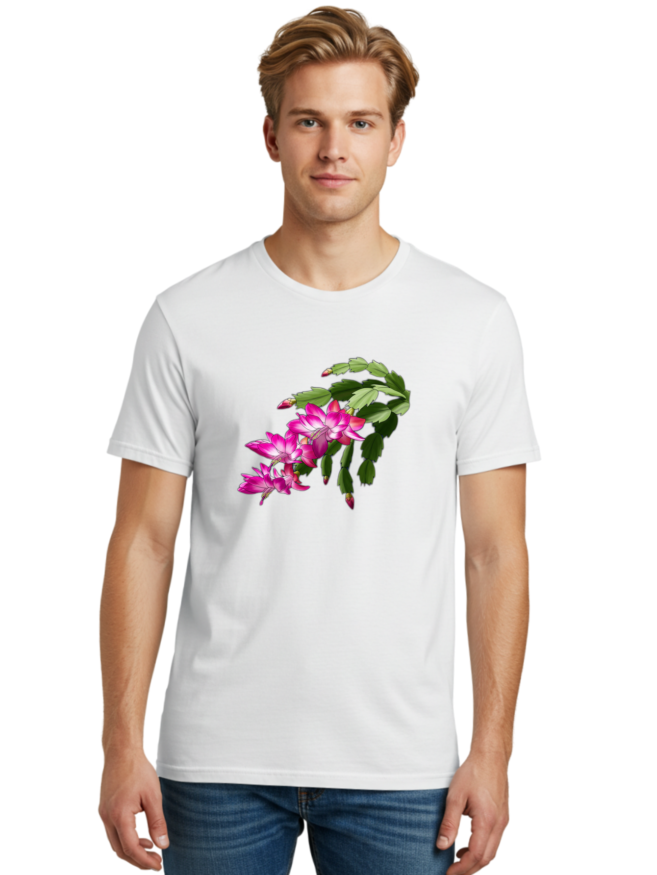 Christmas-Cactus Men'S Graphic Tee, 100% Cotton, Comfortable Casual Summer Wear, Machine Washable, Pink Flowers, Christmas Cactus, Festive Blooms, Holiday Decor, Vibrant Pink, White Accents, Green Leaves, Blooming Plants, Floral Arrangements Bac849 30