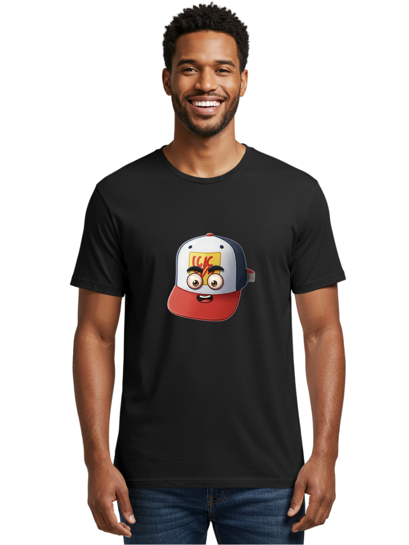 Ckc-Cap Men'S Graphic Tee, 100% Cotton, Comfortable Casual Summer Wear, Machine Washable, Cartoon Cap, Baseball Hat, Funny Face, Cartoon Eyes, Eyebrow Expression, Casual Wear, Trendy Accessory, Youth Culture, Pop Art, Kawaii Style Bac858 17