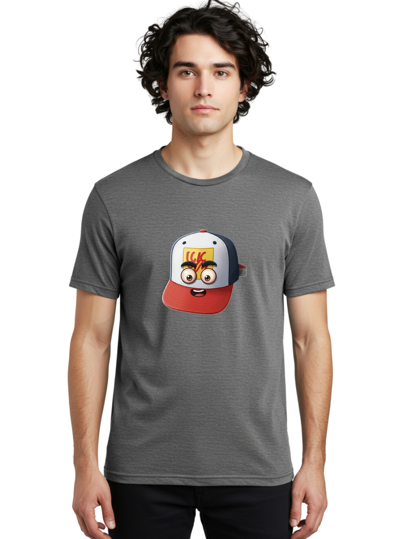 Ckc-Cap Men'S Graphic Tee, 100% Cotton, Comfortable Casual Summer Wear, Machine Washable, Cartoon Cap, Baseball Hat, Funny Face, Cartoon Eyes, Eyebrow Expression, Casual Wear, Trendy Accessory, Youth Culture, Pop Art, Kawaii Style Bac858 20