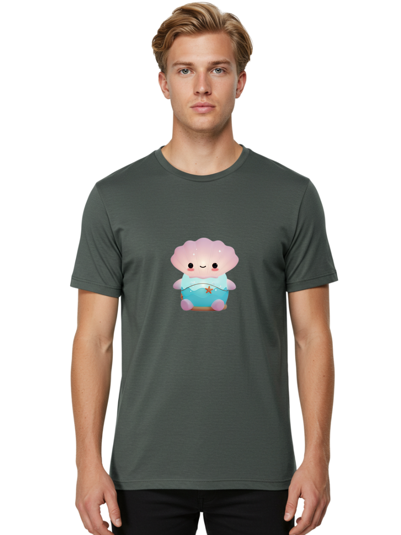 Clamshell-Character Men'S Graphic Tee, 100% Cotton, Comfortable Casual Summer Wear, Machine Washable, Soft Pink Jellyfish, Night Light, Soothing Ambiance, Underwater Decor, Ocean-Inspired Design, Peaceful Lighting, Cozy Bedroom, Bac859 19
