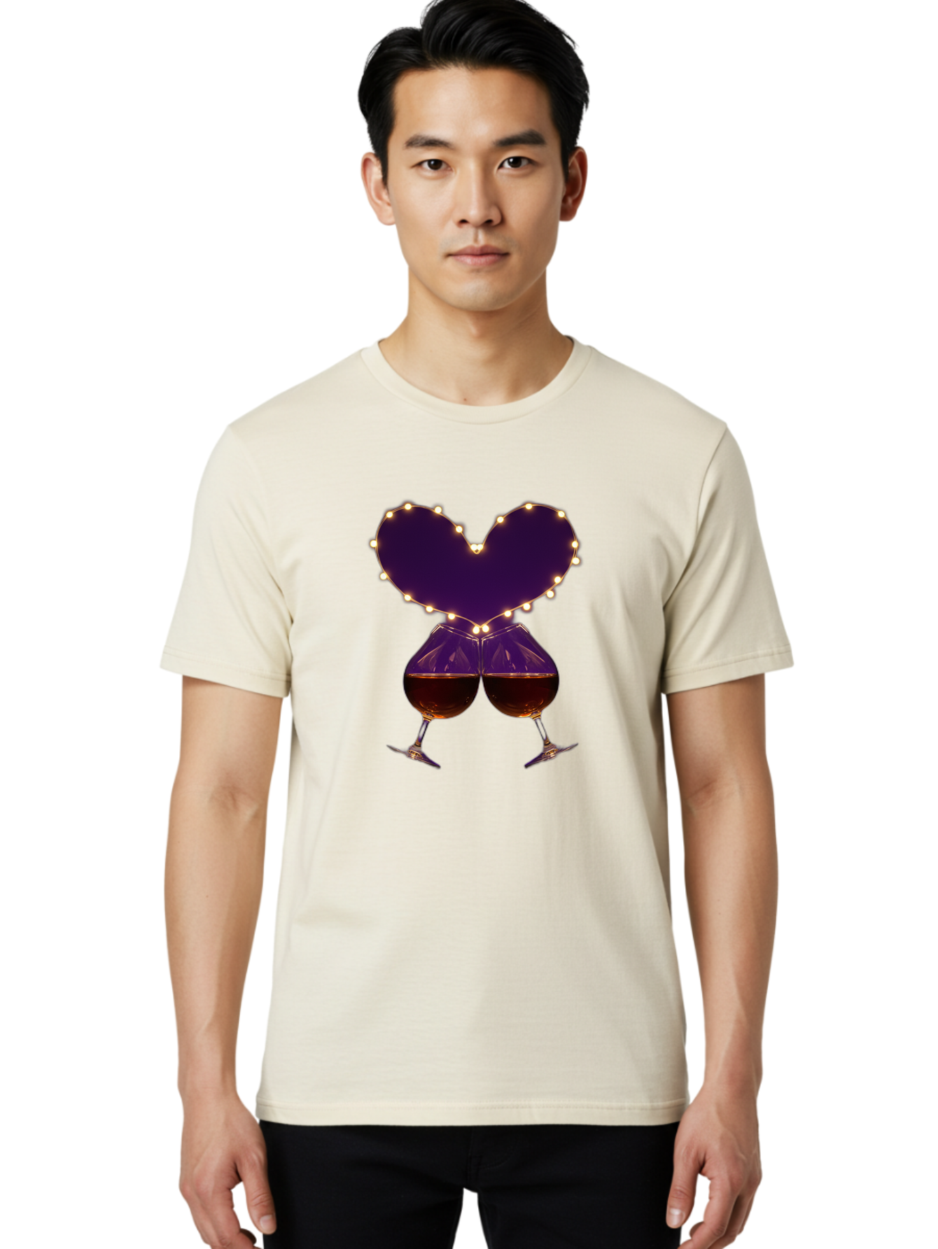 Clinking-Wine-Glasses-Heart Men'S Graphic Tee, 100% Cotton, Comfortable Casual Summer Wear, Machine Washable, Wine Glasses Cheers, Romantic Evening, Couple'S Night, Love Is In The Air, Sharing A Drink, Togetherness, Valentine'S Day Gift, Bac863 23