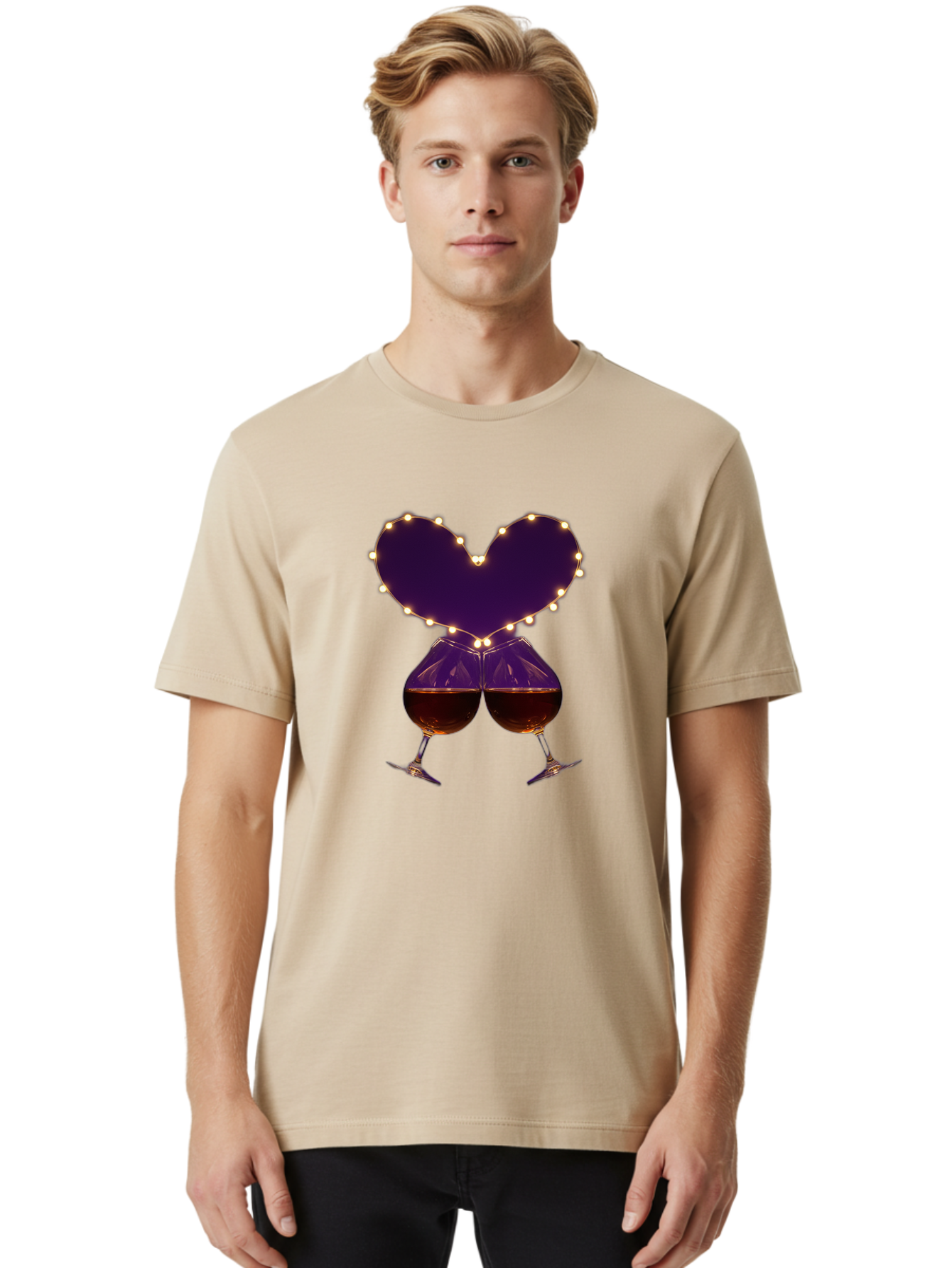 Clinking-Wine-Glasses-Heart Men'S Graphic Tee, 100% Cotton, Comfortable Casual Summer Wear, Machine Washable, Wine Glasses Cheers, Romantic Evening, Couple'S Night, Love Is In The Air, Sharing A Drink, Togetherness, Valentine'S Day Gift, Bac863 26