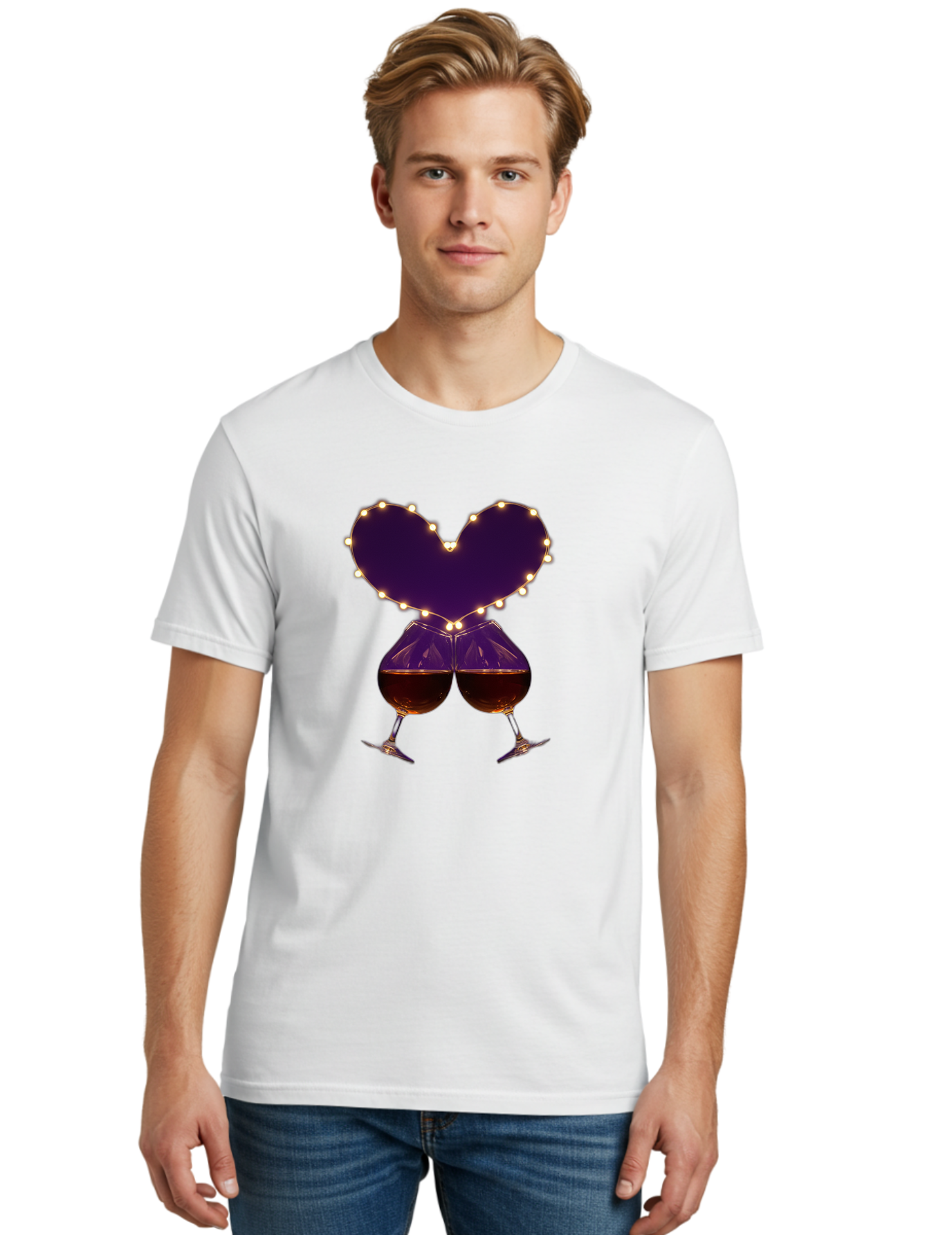 Clinking-Wine-Glasses-Heart Men'S Graphic Tee, 100% Cotton, Comfortable Casual Summer Wear, Machine Washable, Wine Glasses Cheers, Romantic Evening, Couple'S Night, Love Is In The Air, Sharing A Drink, Togetherness, Valentine'S Day Gift, Bac863 24