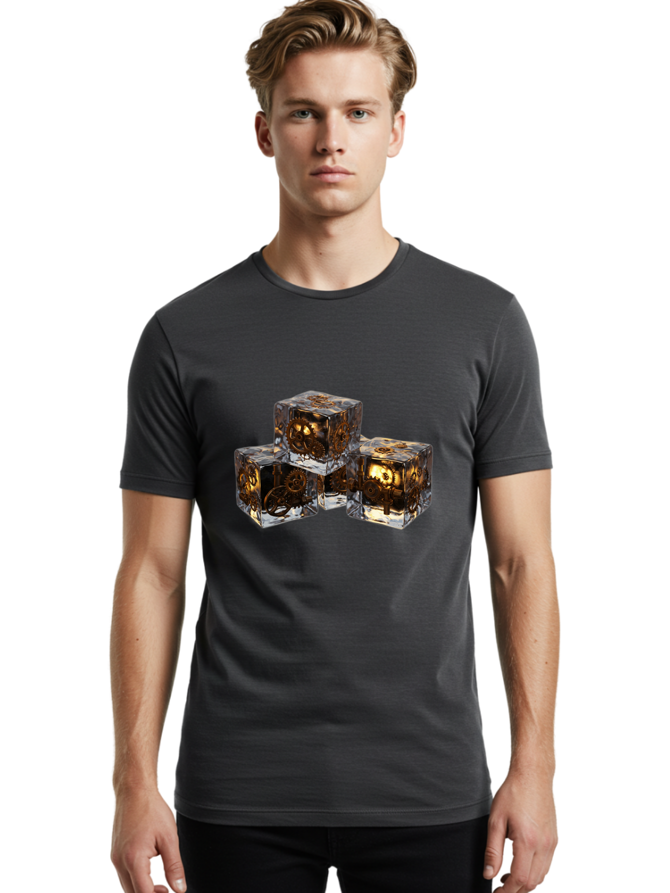 Clockwork-Dice Men'S Graphic Tee, 100% Cotton, Comfortable Casual Summer Wear, Machine Washable, Transparent Dice, Mechanical Gears, Clockwork Mechanisms, Intricate Details, Golden Accents, Modern Gaming Accessories, Tabletop Gaming, Rpg Dice Bac865 25