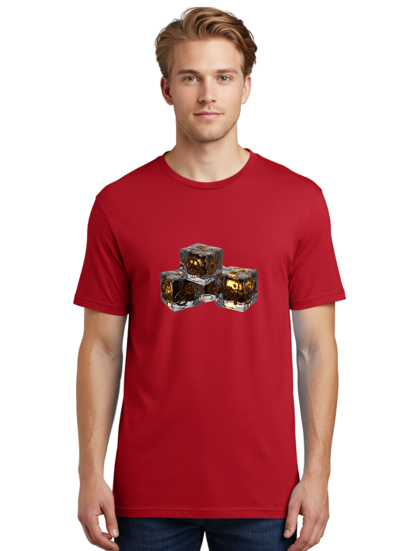 Clockwork-Dice Men'S Graphic Tee, 100% Cotton, Comfortable Casual Summer Wear, Machine Washable, Transparent Dice, Mechanical Gears, Clockwork Mechanisms, Intricate Details, Golden Accents, Modern Gaming Accessories, Tabletop Gaming, Rpg Dice Bac865 30