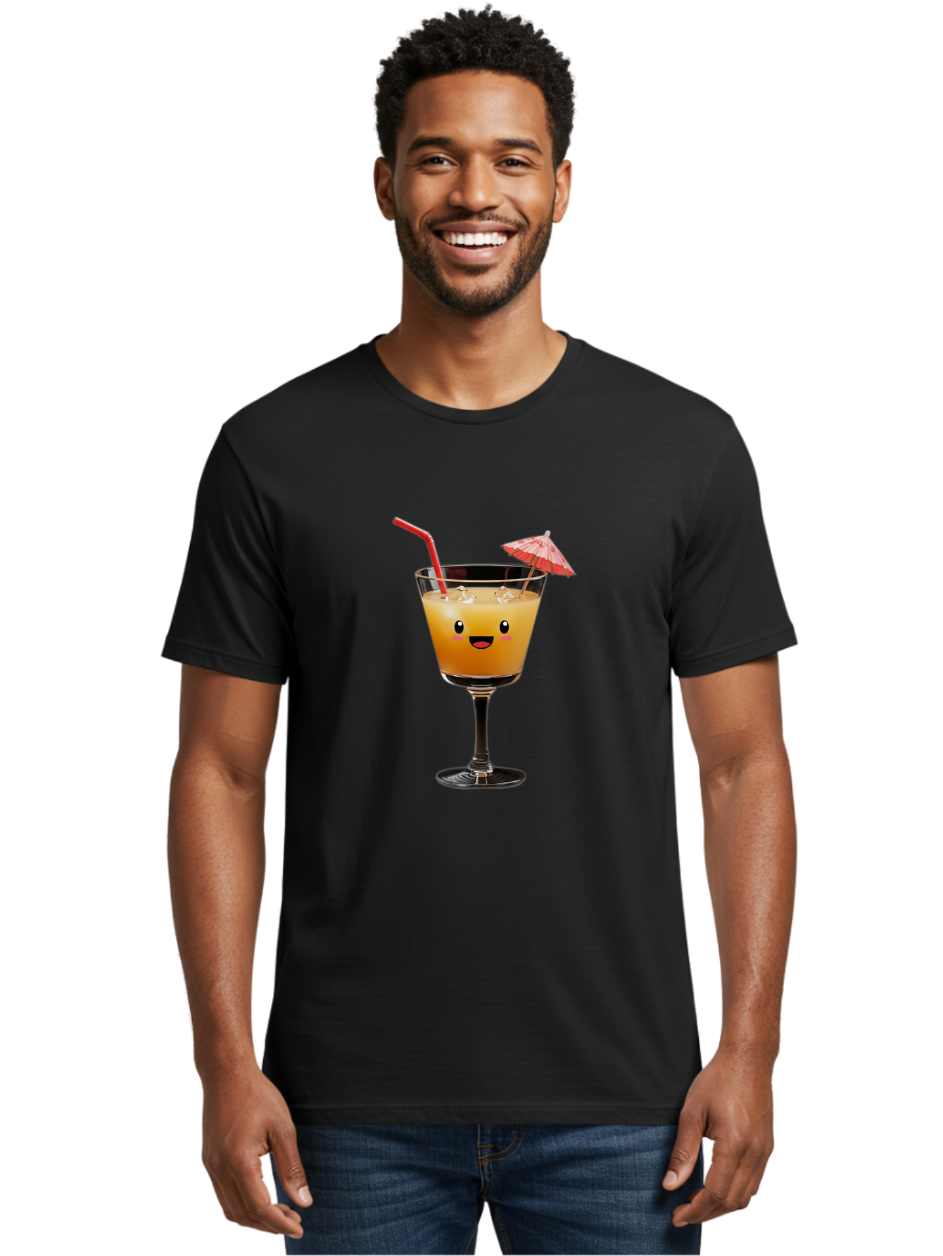 Cocktail-Glass-3 Men'S Graphic Tee, 100% Cotton, Comfortable Casual Summer Wear, Machine Washable, Cocktail Glass, Smiling Face, Orange Drink, Red Straw, Red Umbrella, Funny Character, Cartoon Style, Refreshing Beverage, Summer Drink Bac869 25