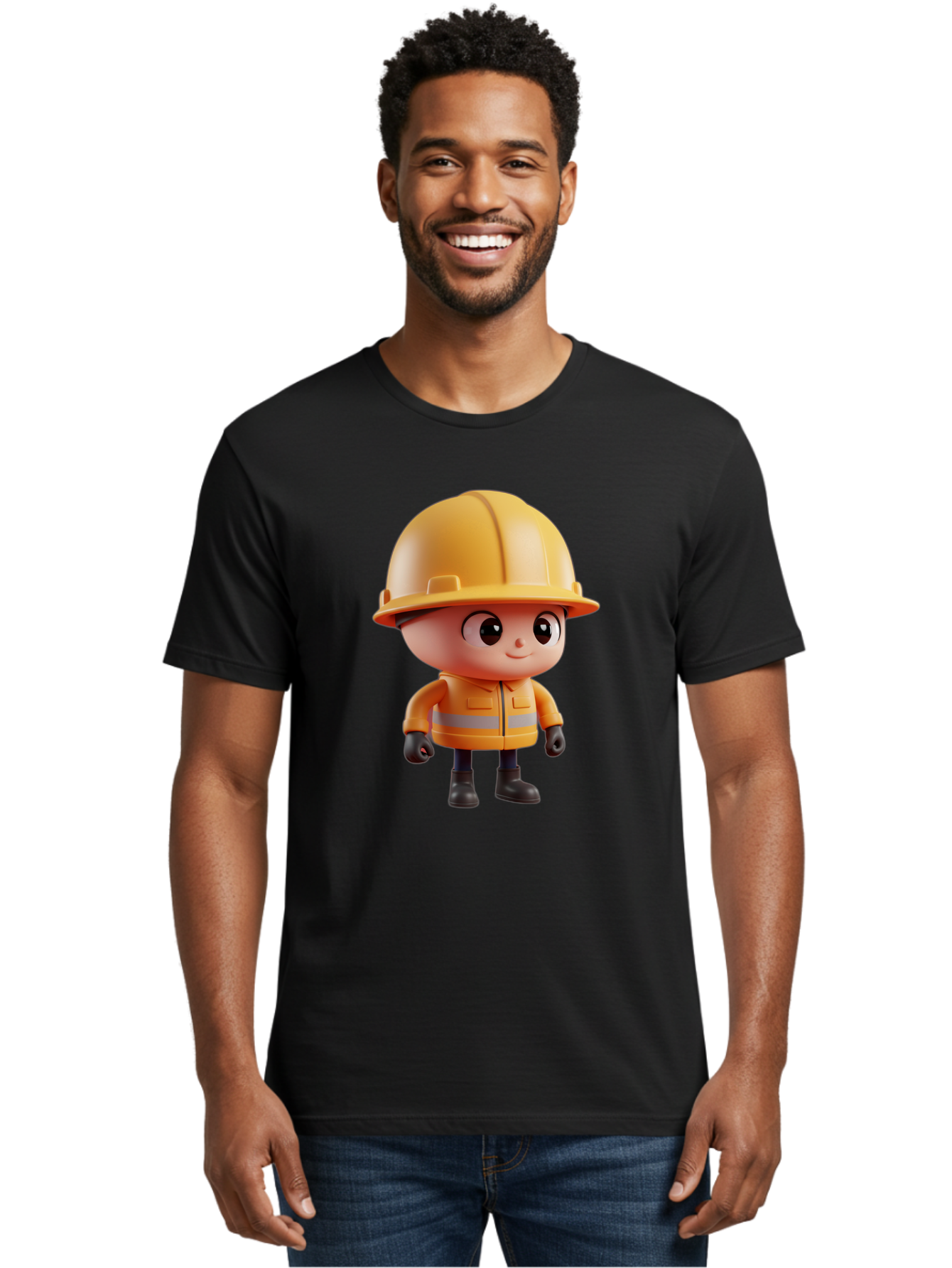 Construction-Worker Men'S Graphic Tee, 100% Cotton, Comfortable Casual Summer Wear, Machine Washable, 3D Cartoon Construction Worker, Yellow Hard Hat, Reflective Safety Jacket, Black Gloves, Cartoon Character, Construction Site, Safety Gear, Bac895 17