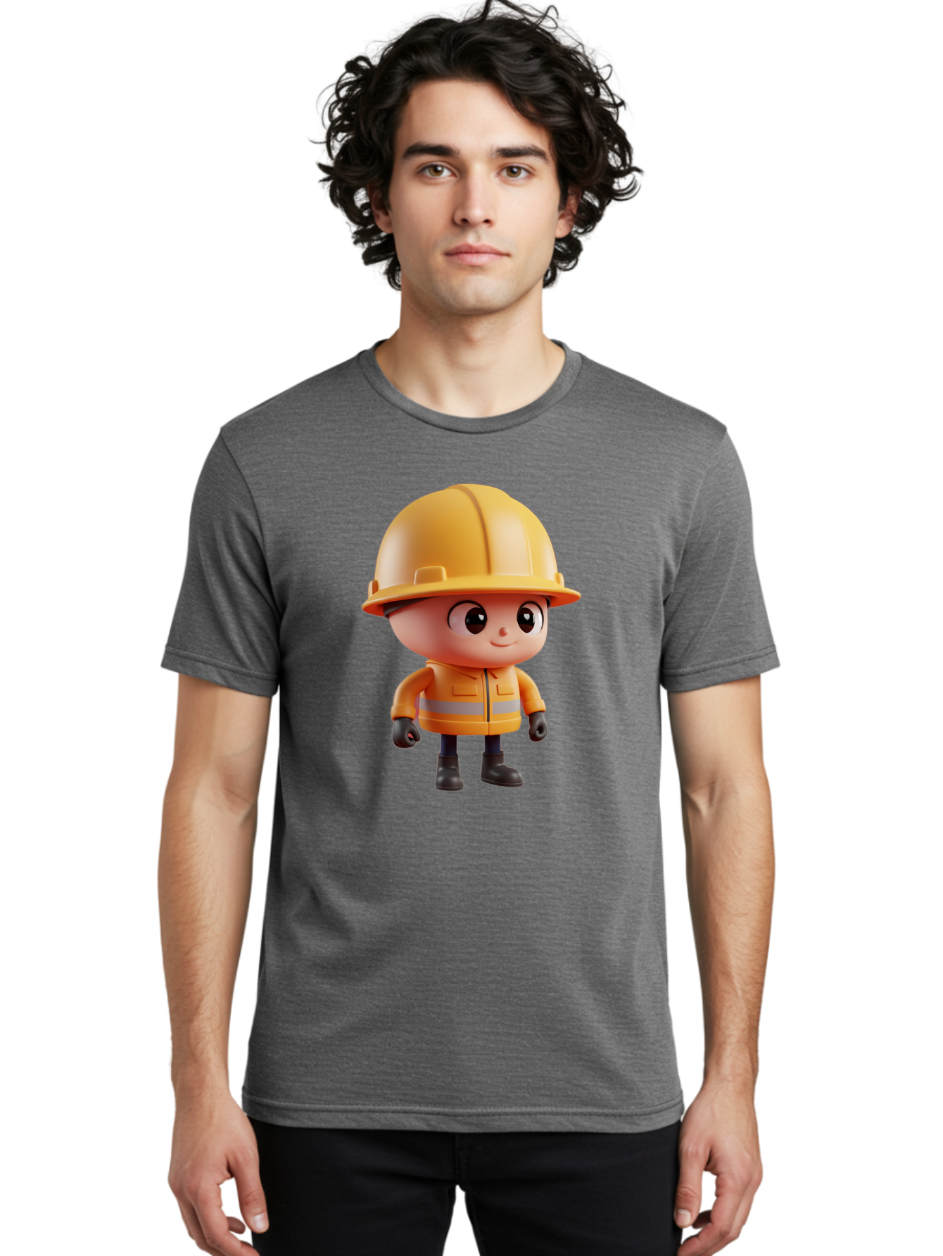 Construction-Worker Men'S Graphic Tee, 100% Cotton, Comfortable Casual Summer Wear, Machine Washable, 3D Cartoon Construction Worker, Yellow Hard Hat, Reflective Safety Jacket, Black Gloves, Cartoon Character, Construction Site, Safety Gear, Bac895 24