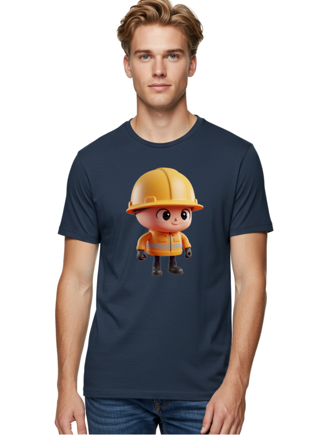 Construction-Worker Men'S Graphic Tee, 100% Cotton, Comfortable Casual Summer Wear, Machine Washable, 3D Cartoon Construction Worker, Yellow Hard Hat, Reflective Safety Jacket, Black Gloves, Cartoon Character, Construction Site, Safety Gear, Bac895 30
