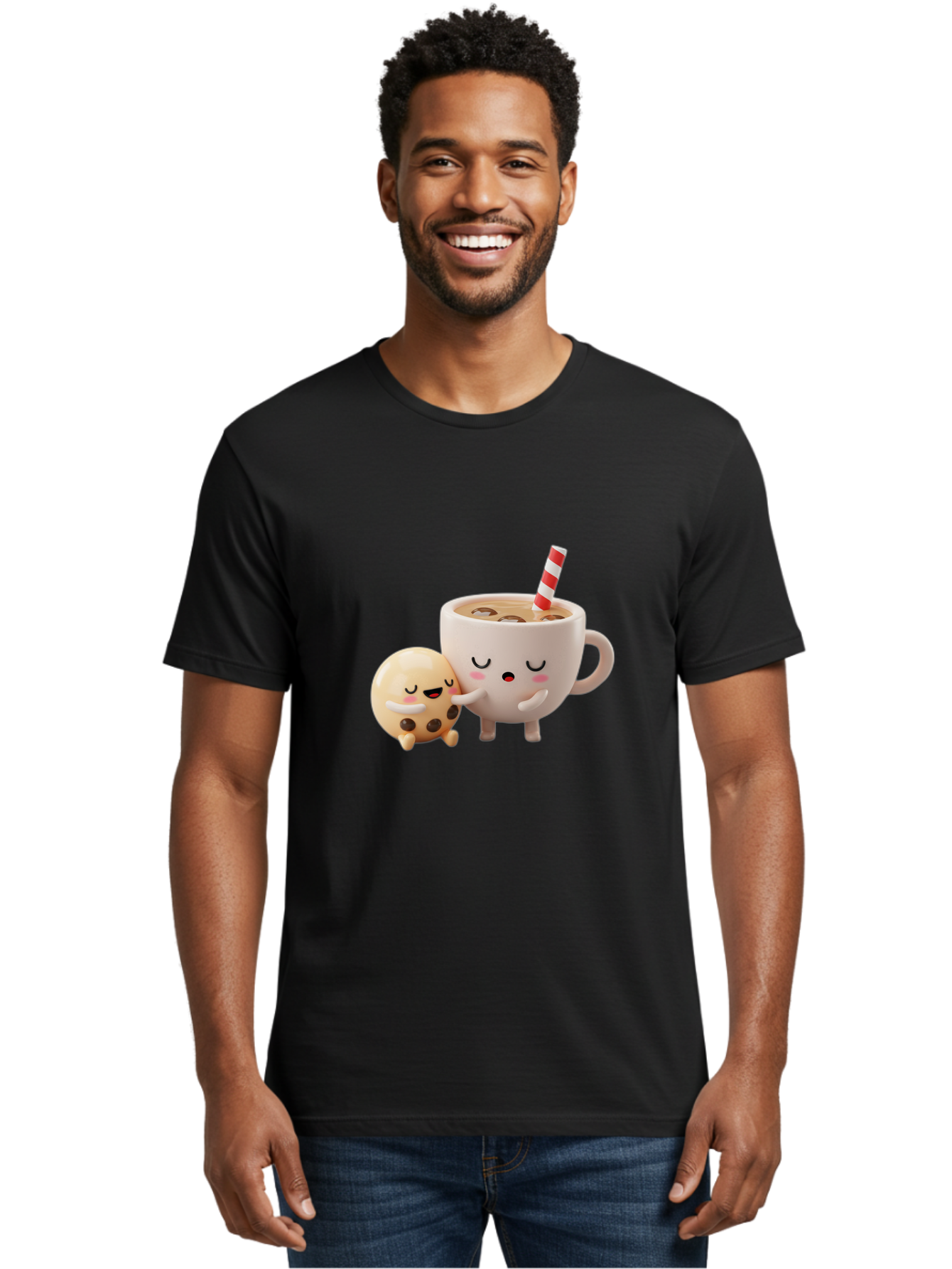 Cookie-And-Coffee-Cup Men'S Graphic Tee, 100% Cotton, Comfortable Casual Summer Wear, Machine Washable, Cute Cartoon Characters, Chip Cookie, Milkshake With Straw, Chocolate Chips, Adorable, Kawaii, Cartoon, Funny, Characters Hugging, Happy, Bac897 25