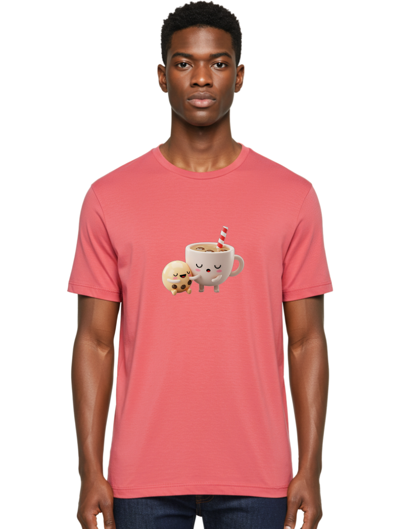 Cookie-And-Coffee-Cup Men'S Graphic Tee, 100% Cotton, Comfortable Casual Summer Wear, Machine Washable, Cute Cartoon Characters, Chip Cookie, Milkshake With Straw, Chocolate Chips, Adorable, Kawaii, Cartoon, Funny, Characters Hugging, Happy, Bac897 27