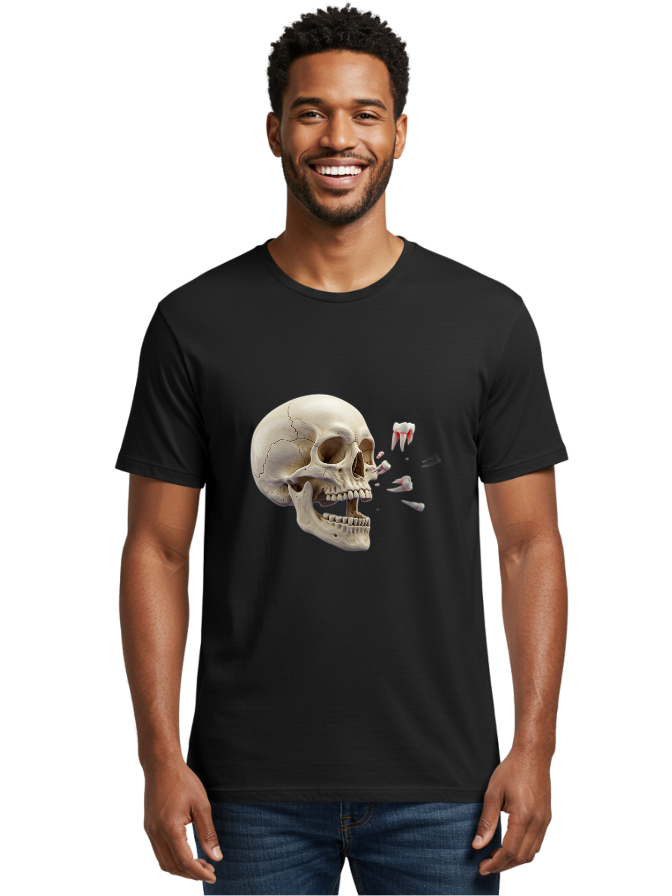 Cracked-Skull-1 Men'S Graphic Tee, 100% Cotton, Comfortable Casual Summer Wear, Machine Washable, Human Skull, Broken Jaw, Shattered Teeth, Dental Anatomy, Forensic Science, Medical Illustration, Skeleton Head, Jawbone Fracture, Bac926 26