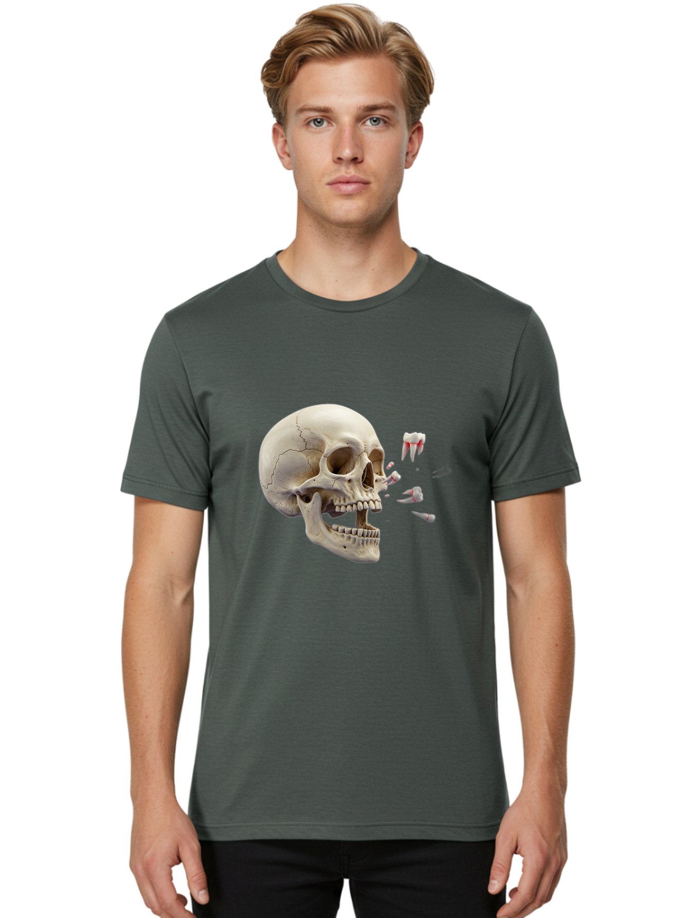Cracked-Skull-1 Men'S Graphic Tee, 100% Cotton, Comfortable Casual Summer Wear, Machine Washable, Human Skull, Broken Jaw, Shattered Teeth, Dental Anatomy, Forensic Science, Medical Illustration, Skeleton Head, Jawbone Fracture, Bac926 27