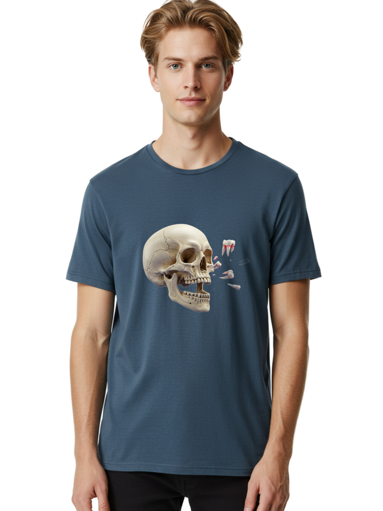 Cracked-Skull-1 Men'S Graphic Tee, 100% Cotton, Comfortable Casual Summer Wear, Machine Washable, Human Skull, Broken Jaw, Shattered Teeth, Dental Anatomy, Forensic Science, Medical Illustration, Skeleton Head, Jawbone Fracture, Bac926 17