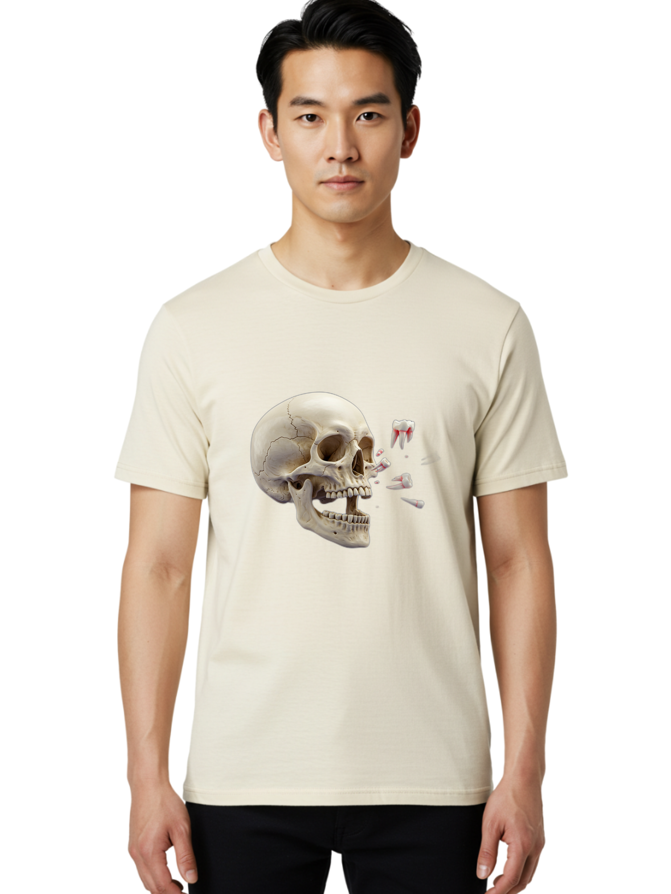Cracked-Skull-1 Men'S Graphic Tee, 100% Cotton, Comfortable Casual Summer Wear, Machine Washable, Human Skull, Broken Jaw, Shattered Teeth, Dental Anatomy, Forensic Science, Medical Illustration, Skeleton Head, Jawbone Fracture, Bac926 22