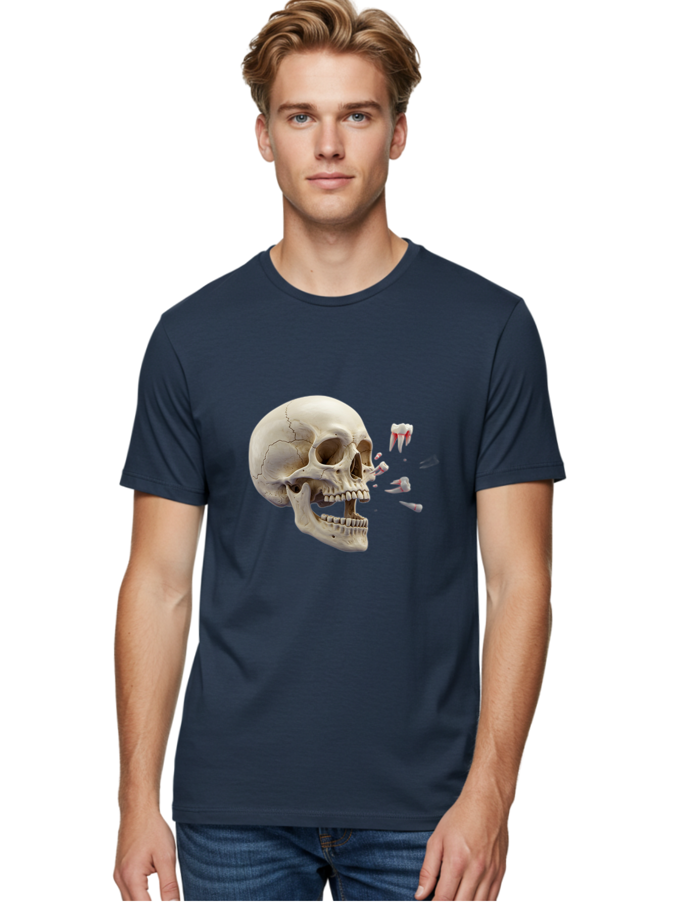 Cracked-Skull-1 Men'S Graphic Tee, 100% Cotton, Comfortable Casual Summer Wear, Machine Washable, Human Skull, Broken Jaw, Shattered Teeth, Dental Anatomy, Forensic Science, Medical Illustration, Skeleton Head, Jawbone Fracture, Bac926 16