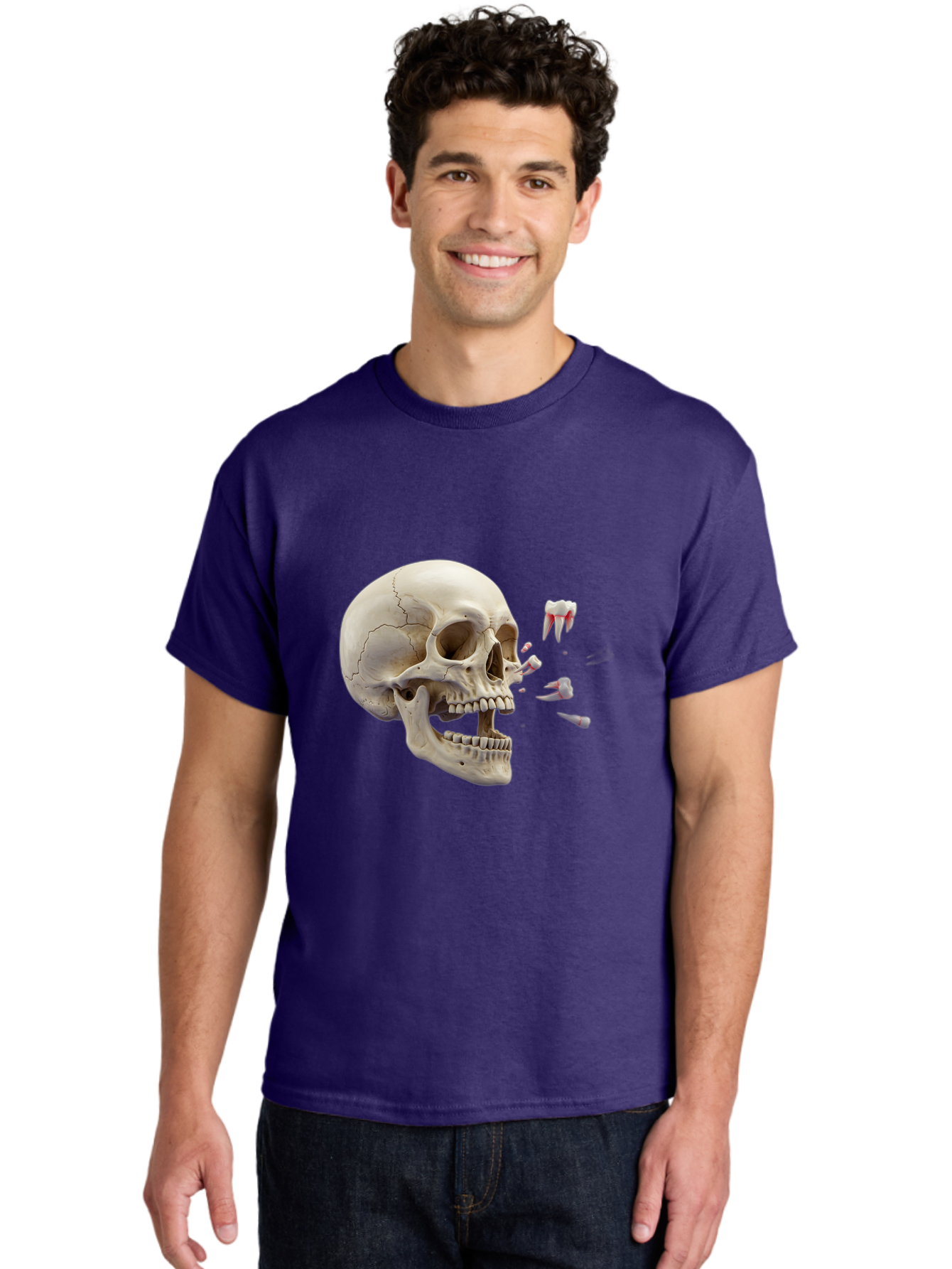 Cracked-Skull-1 Men'S Graphic Tee, 100% Cotton, Comfortable Casual Summer Wear, Machine Washable, Human Skull, Broken Jaw, Shattered Teeth, Dental Anatomy, Forensic Science, Medical Illustration, Skeleton Head, Jawbone Fracture, Bac926 24