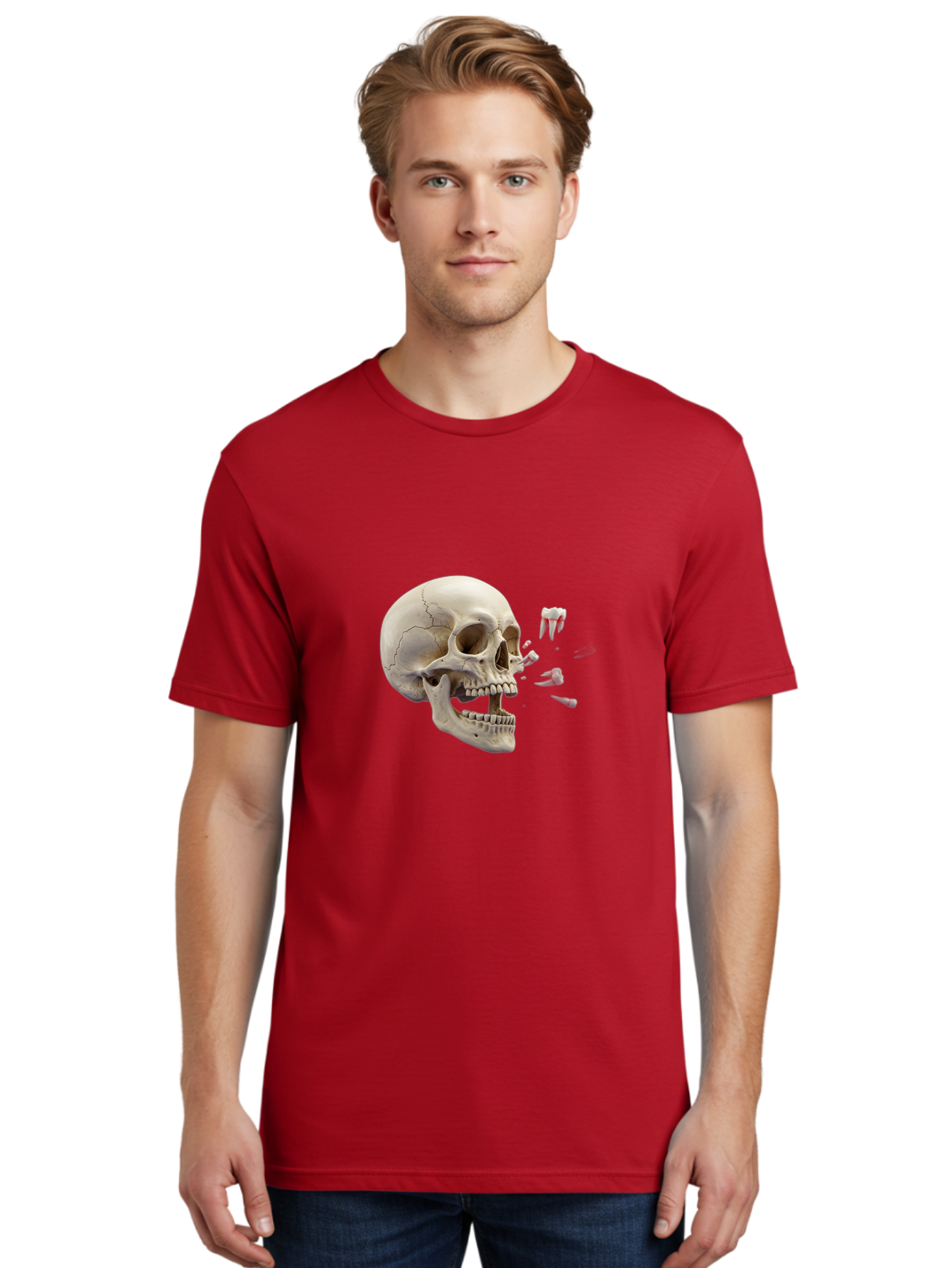 Cracked-Skull-1 Men'S Graphic Tee, 100% Cotton, Comfortable Casual Summer Wear, Machine Washable, Human Skull, Broken Jaw, Shattered Teeth, Dental Anatomy, Forensic Science, Medical Illustration, Skeleton Head, Jawbone Fracture, Bac926 28