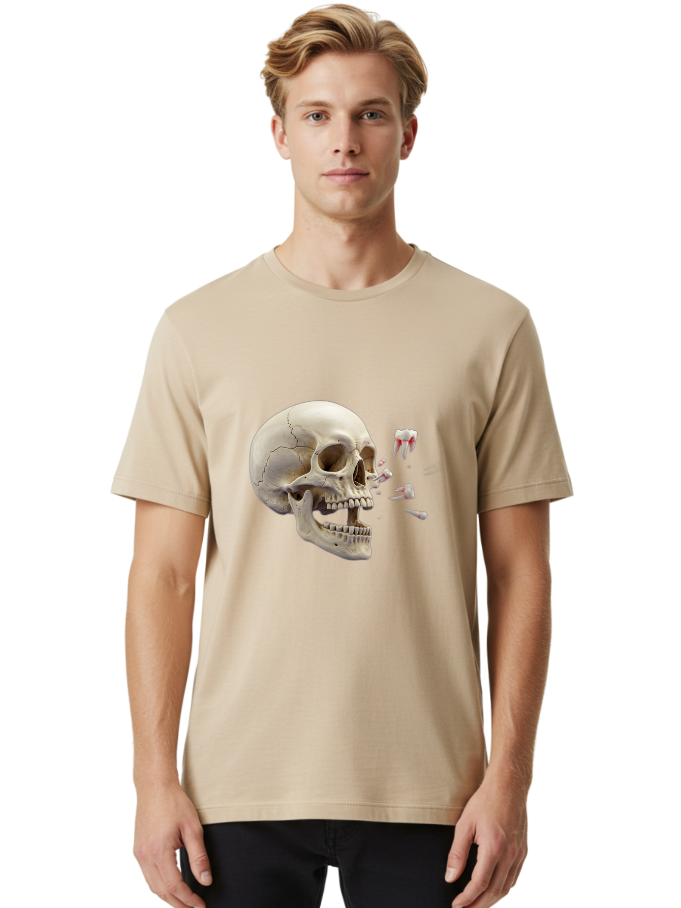 Cracked-Skull-1 Men'S Graphic Tee, 100% Cotton, Comfortable Casual Summer Wear, Machine Washable, Human Skull, Broken Jaw, Shattered Teeth, Dental Anatomy, Forensic Science, Medical Illustration, Skeleton Head, Jawbone Fracture, Bac926 21
