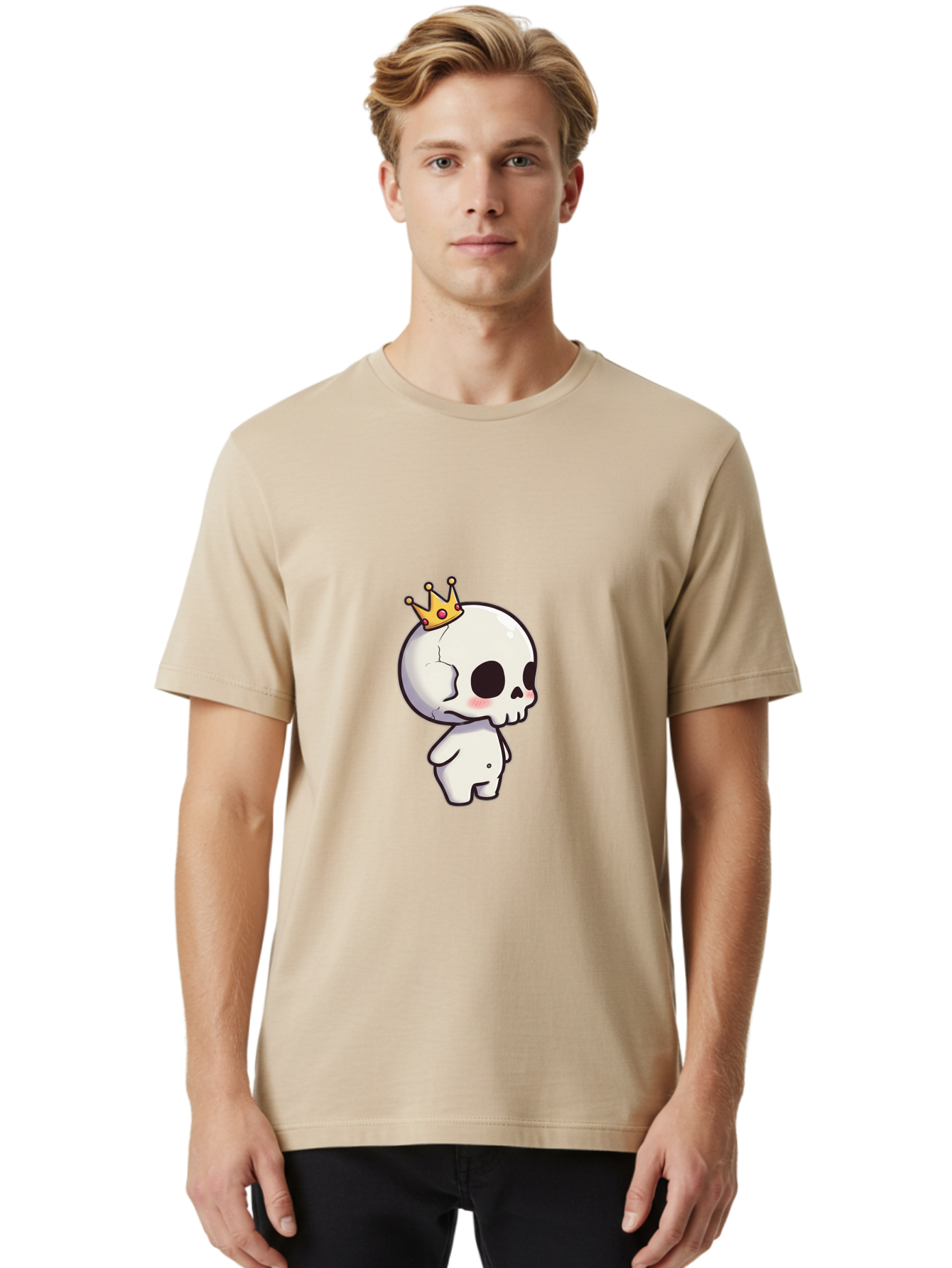 Cracked-Skull-With-Crown Men'S Graphic Tee, 100% Cotton, Comfortable Casual Summer Wear, Machine Washable, Cartoon Skull With Crown, Cute Skull, Kawaii Art, Skull Character, Crowned Character, Anime Style, Digital Illustration, Quirky Design, Bac927 28