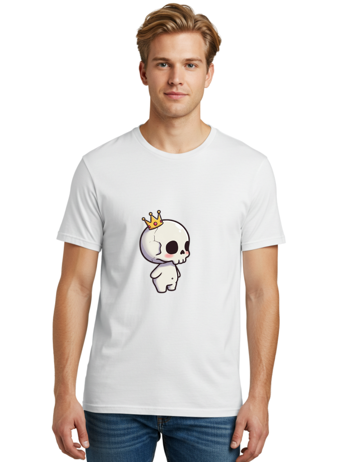 Cracked-Skull-With-Crown Men'S Graphic Tee, 100% Cotton, Comfortable Casual Summer Wear, Machine Washable, Cartoon Skull With Crown, Cute Skull, Kawaii Art, Skull Character, Crowned Character, Anime Style, Digital Illustration, Quirky Design, Bac927 30