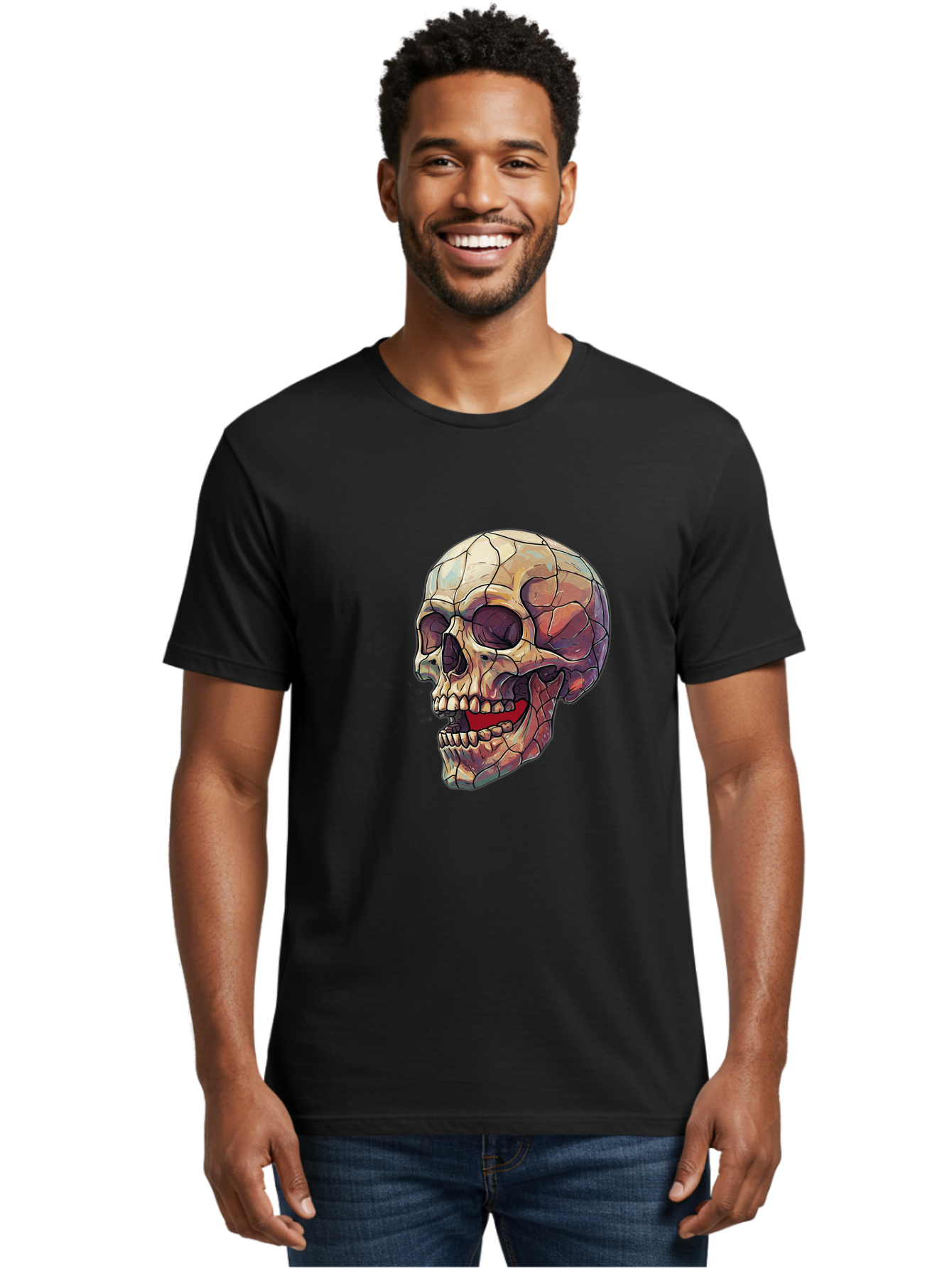 Cracked-Skull Men'S Graphic Tee, 100% Cotton, Comfortable Casual Summer Wear, Machine Washable, Human Skull, Cracked Bones, Red Tongue, Dental Anatomy, Skull Art, Gothic Illustration, Vibrant Colors, Bold Graphics Bac928 20