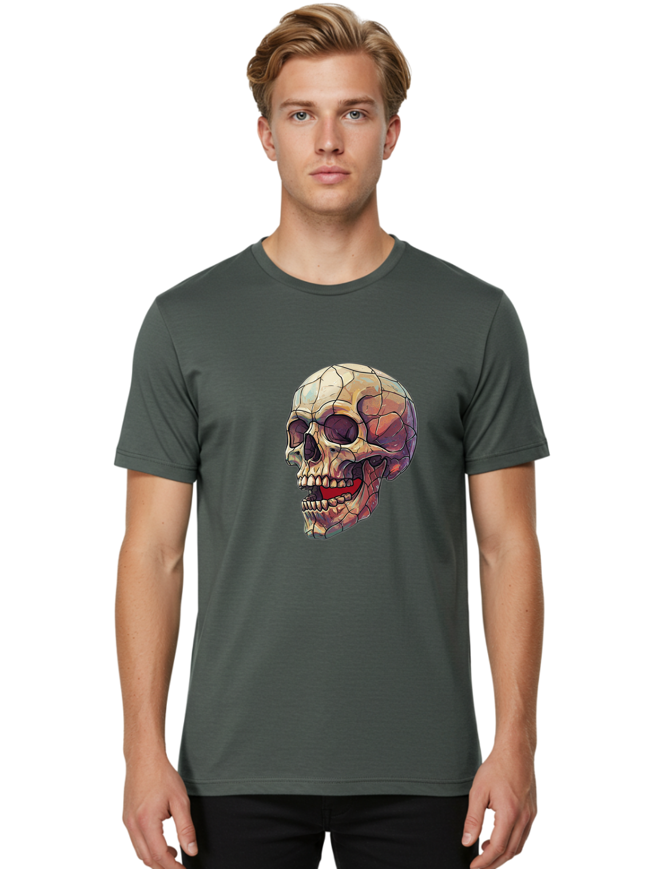 Cracked-Skull Men'S Graphic Tee, 100% Cotton, Comfortable Casual Summer Wear, Machine Washable, Human Skull, Cracked Bones, Red Tongue, Dental Anatomy, Skull Art, Gothic Illustration, Vibrant Colors, Bold Graphics Bac928 28