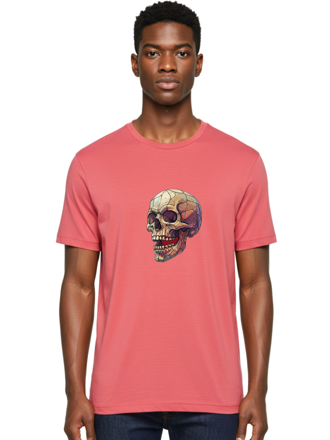 Cracked-Skull Men'S Graphic Tee, 100% Cotton, Comfortable Casual Summer Wear, Machine Washable, Human Skull, Cracked Bones, Red Tongue, Dental Anatomy, Skull Art, Gothic Illustration, Vibrant Colors, Bold Graphics Bac928 24