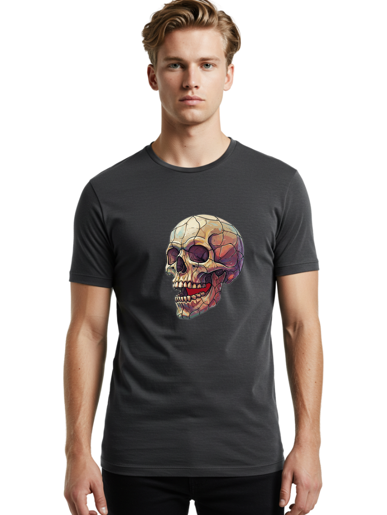 Cracked-Skull Men'S Graphic Tee, 100% Cotton, Comfortable Casual Summer Wear, Machine Washable, Human Skull, Cracked Bones, Red Tongue, Dental Anatomy, Skull Art, Gothic Illustration, Vibrant Colors, Bold Graphics Bac928 19