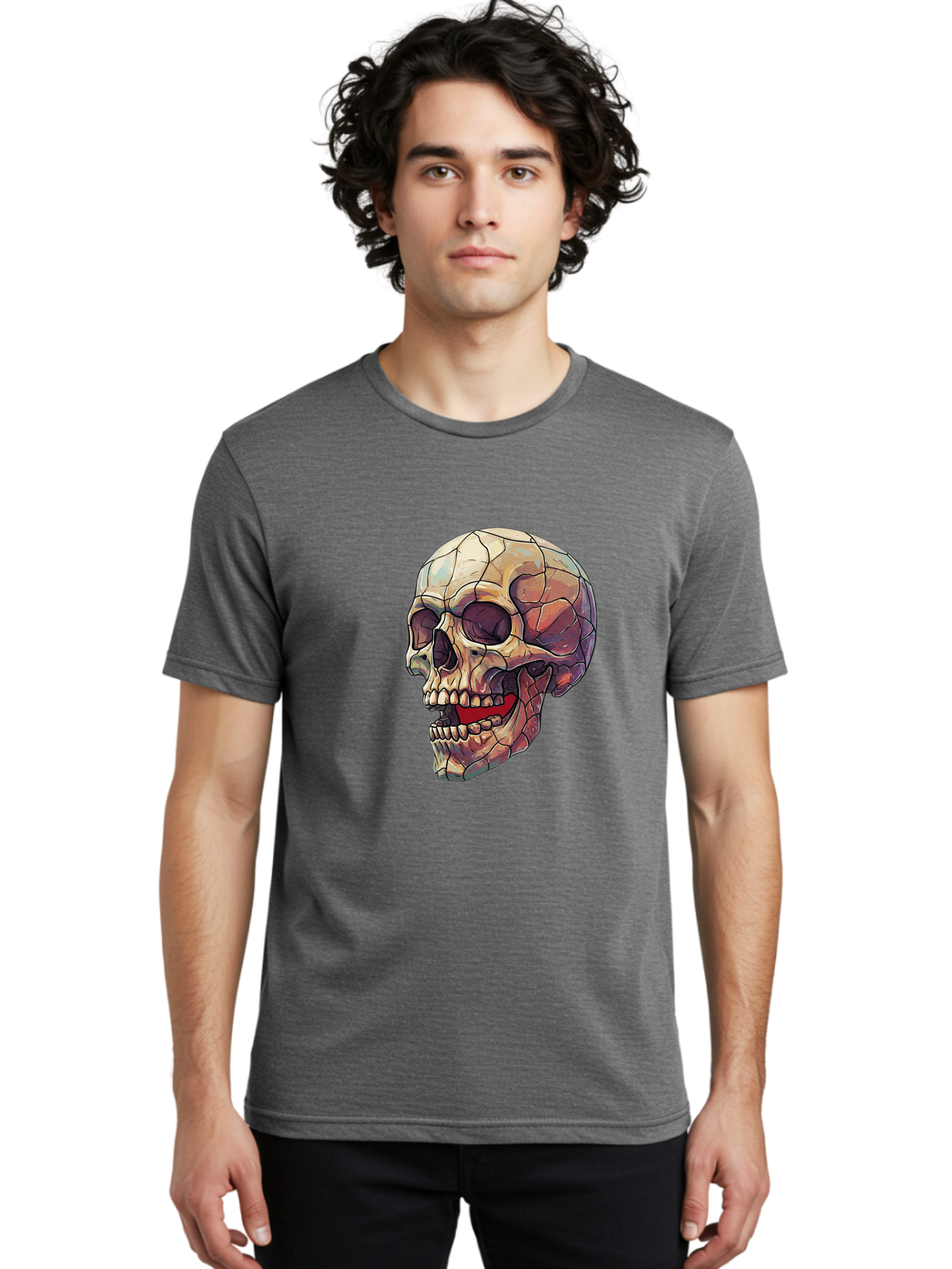 Cracked-Skull Men'S Graphic Tee, 100% Cotton, Comfortable Casual Summer Wear, Machine Washable, Human Skull, Cracked Bones, Red Tongue, Dental Anatomy, Skull Art, Gothic Illustration, Vibrant Colors, Bold Graphics Bac928 21