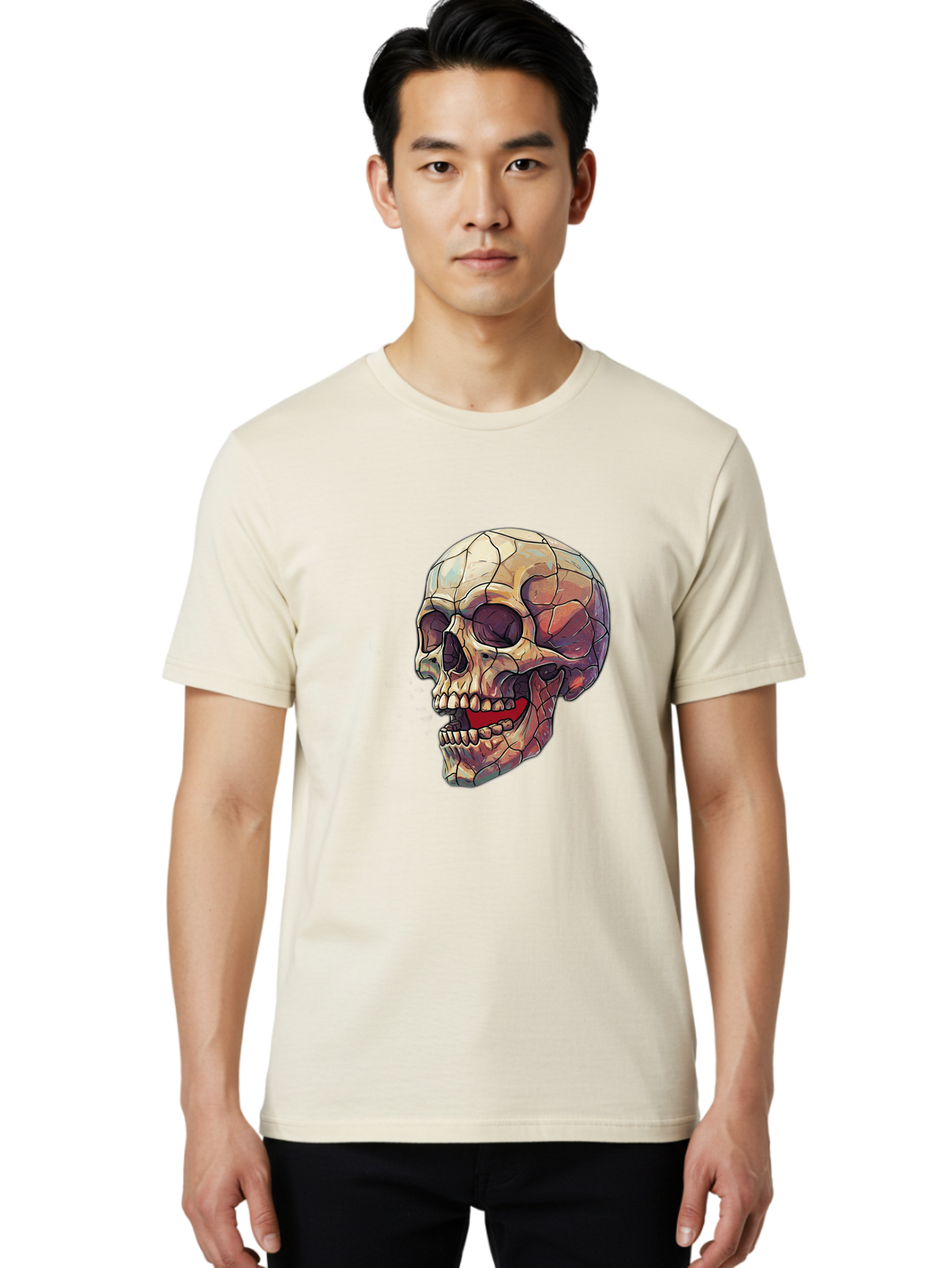 Cracked-Skull Men'S Graphic Tee, 100% Cotton, Comfortable Casual Summer Wear, Machine Washable, Human Skull, Cracked Bones, Red Tongue, Dental Anatomy, Skull Art, Gothic Illustration, Vibrant Colors, Bold Graphics Bac928 25