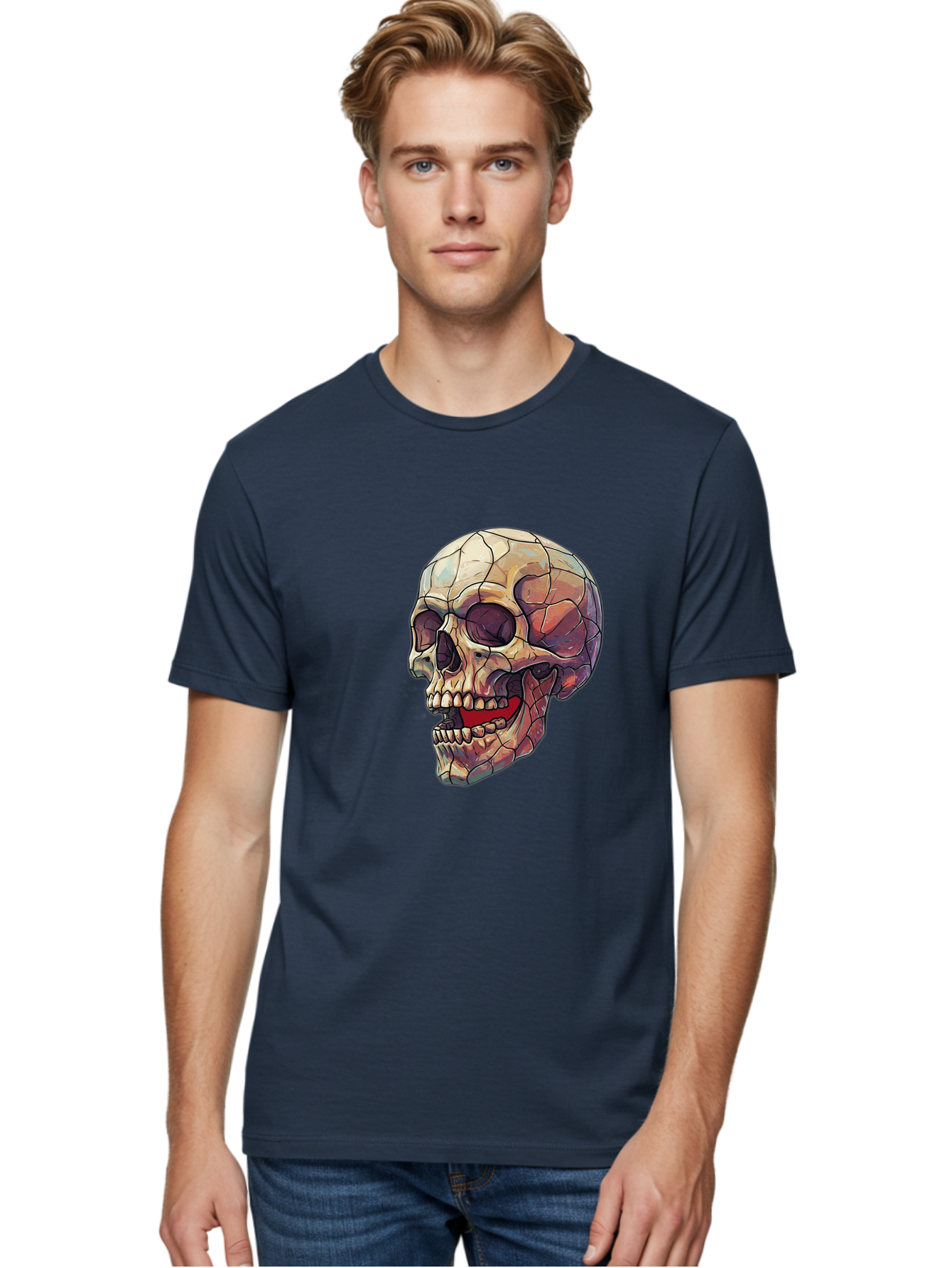 Cracked-Skull Men'S Graphic Tee, 100% Cotton, Comfortable Casual Summer Wear, Machine Washable, Human Skull, Cracked Bones, Red Tongue, Dental Anatomy, Skull Art, Gothic Illustration, Vibrant Colors, Bold Graphics Bac928 29