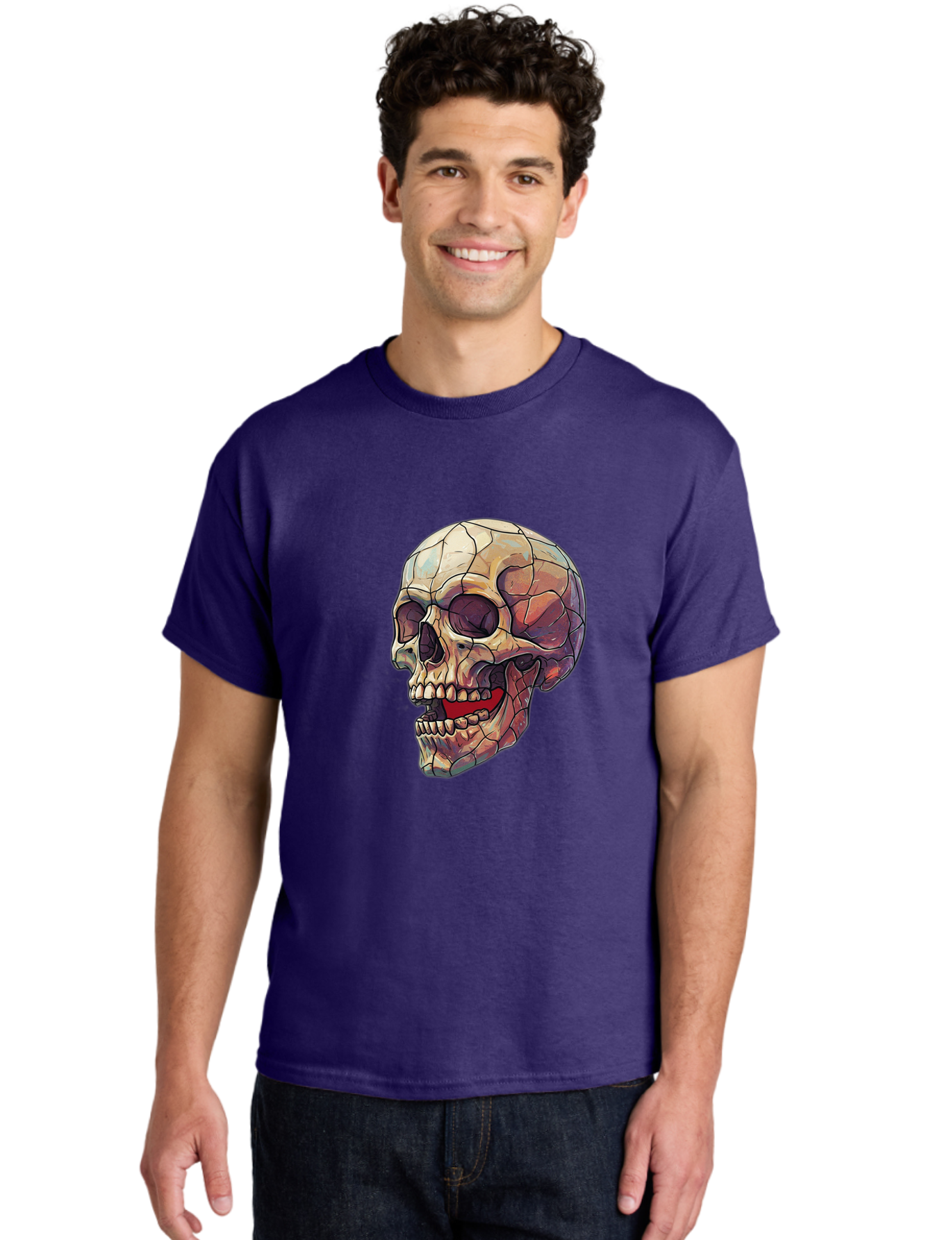 Cracked-Skull Men'S Graphic Tee, 100% Cotton, Comfortable Casual Summer Wear, Machine Washable, Human Skull, Cracked Bones, Red Tongue, Dental Anatomy, Skull Art, Gothic Illustration, Vibrant Colors, Bold Graphics Bac928 17