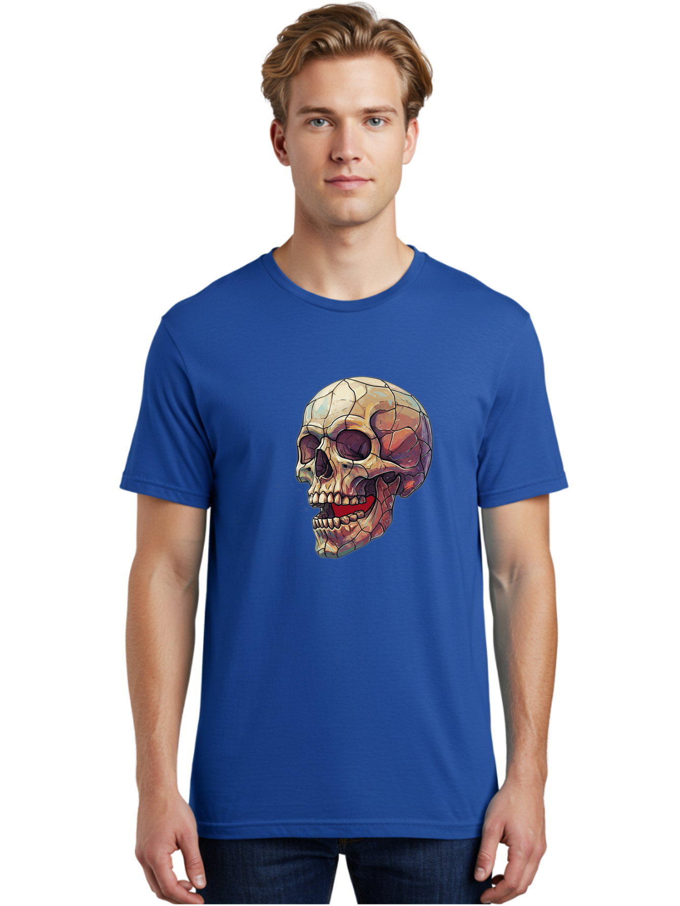 Cracked-Skull Men'S Graphic Tee, 100% Cotton, Comfortable Casual Summer Wear, Machine Washable, Human Skull, Cracked Bones, Red Tongue, Dental Anatomy, Skull Art, Gothic Illustration, Vibrant Colors, Bold Graphics Bac928 18