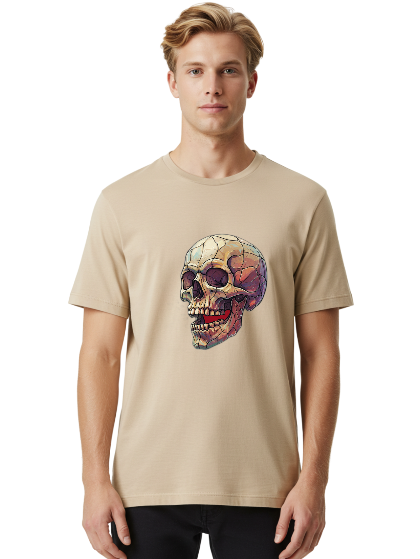 Cracked-Skull Men'S Graphic Tee, 100% Cotton, Comfortable Casual Summer Wear, Machine Washable, Human Skull, Cracked Bones, Red Tongue, Dental Anatomy, Skull Art, Gothic Illustration, Vibrant Colors, Bold Graphics Bac928 16