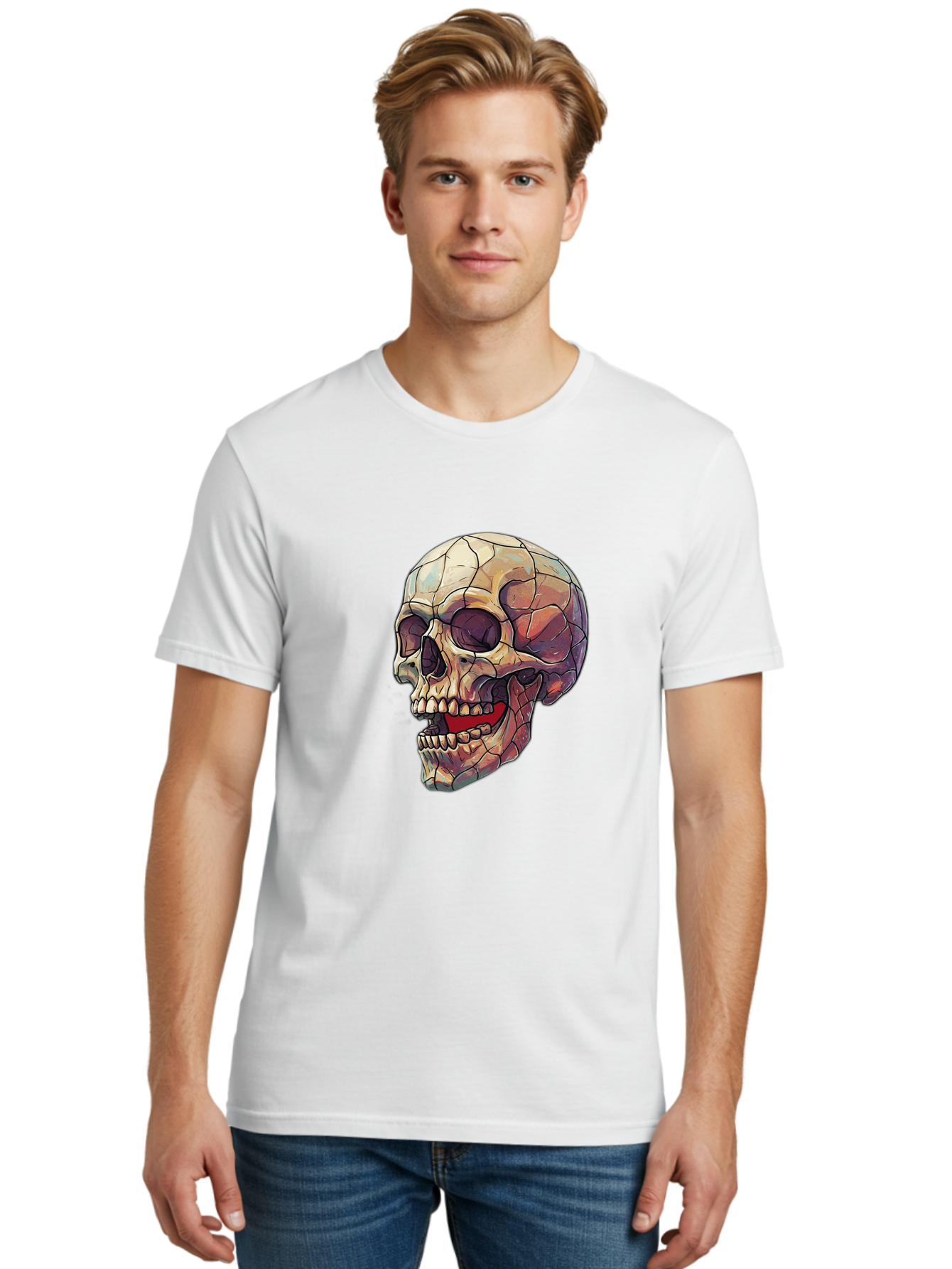 Cracked-Skull Men'S Graphic Tee, 100% Cotton, Comfortable Casual Summer Wear, Machine Washable, Human Skull, Cracked Bones, Red Tongue, Dental Anatomy, Skull Art, Gothic Illustration, Vibrant Colors, Bold Graphics Bac928 30