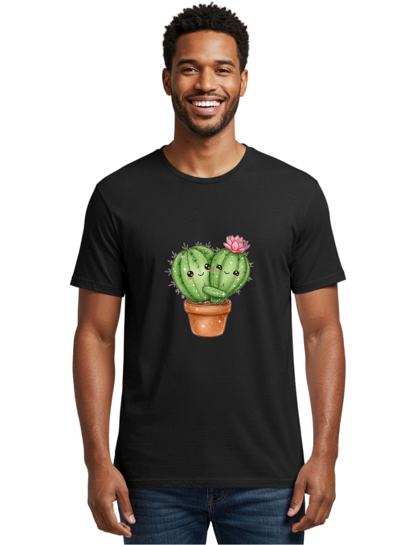 Cuddly-Cactus Men'S Graphic Tee, 100% Cotton, Comfortable Casual Summer Wear, Machine Washable, Cute Cacti, Cuddling Cacti, Cartoon Cactus, Adorable Plants, Potted Cactus, Pink Flower, Smiling Faces, Kawaii Art, Cactus Love, Cartoon Hearts, Bac954 18