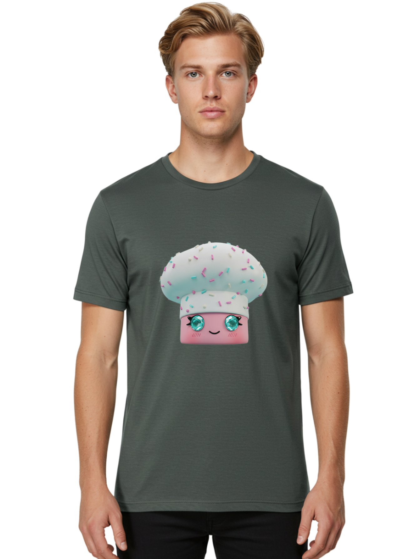 Cup-Cake Men'S Graphic Tee, 100% Cotton, Comfortable Casual Summer Wear, Machine Washable, Smiling Cupcake, Cute Treats, Sweet Tooth, Pastel Colors, Gemstone Eyes, Cartoon Character, Bakery Delight, Dessert Love, Whimsical Design, Bac955 19