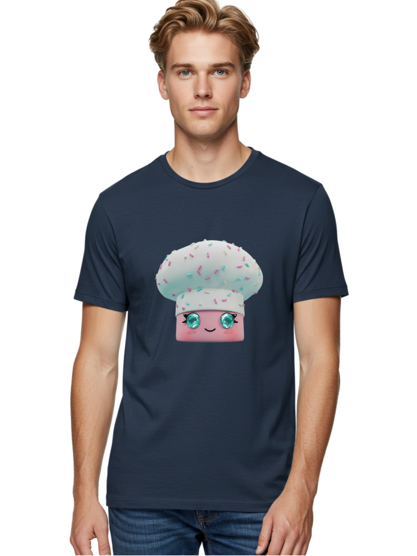 Cup-Cake Men'S Graphic Tee, 100% Cotton, Comfortable Casual Summer Wear, Machine Washable, Smiling Cupcake, Cute Treats, Sweet Tooth, Pastel Colors, Gemstone Eyes, Cartoon Character, Bakery Delight, Dessert Love, Whimsical Design, Bac955 16