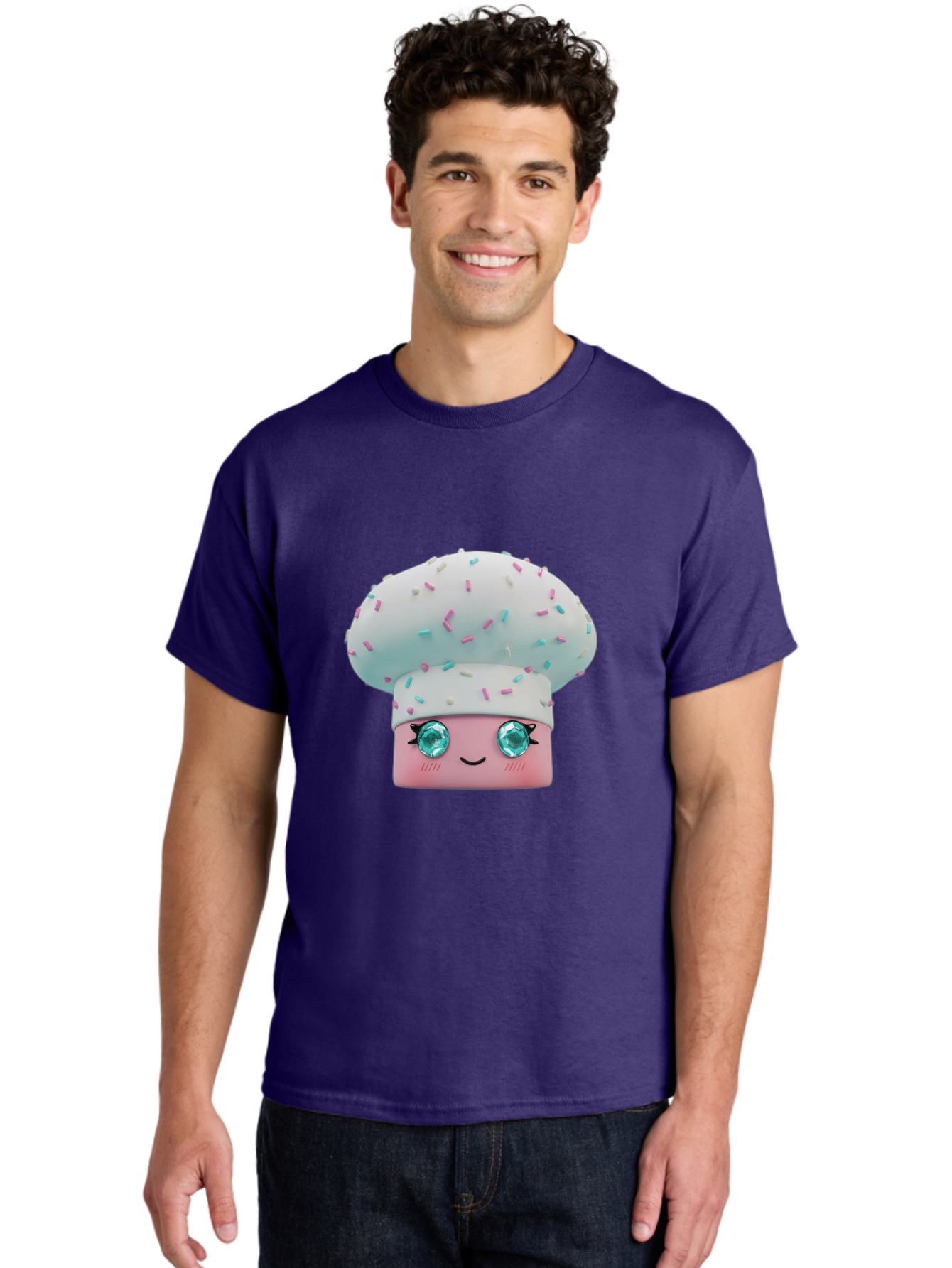 Cup-Cake Men'S Graphic Tee, 100% Cotton, Comfortable Casual Summer Wear, Machine Washable, Smiling Cupcake, Cute Treats, Sweet Tooth, Pastel Colors, Gemstone Eyes, Cartoon Character, Bakery Delight, Dessert Love, Whimsical Design, Bac955 22