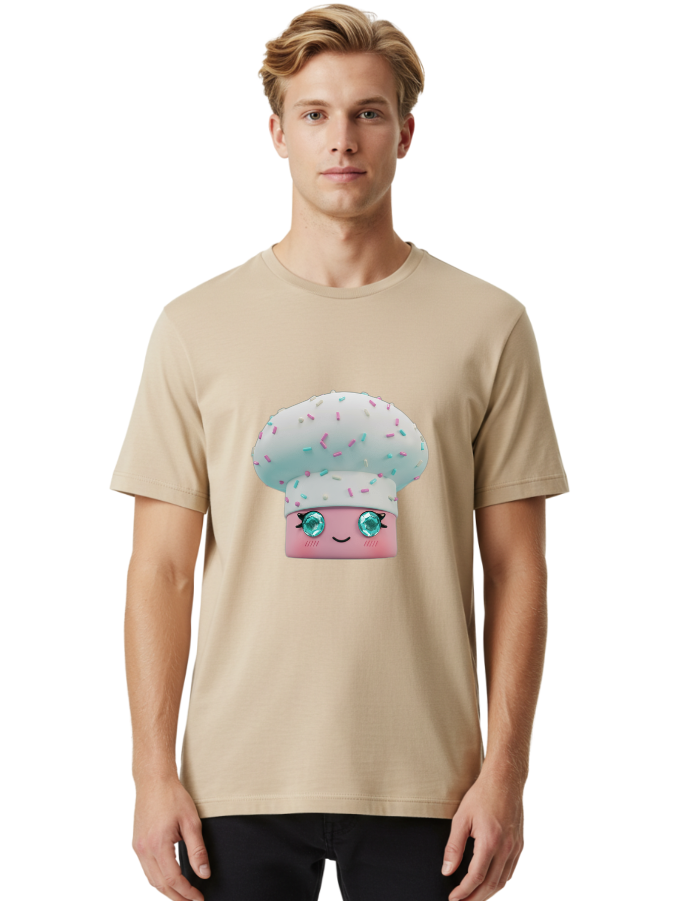 Cup-Cake Men'S Graphic Tee, 100% Cotton, Comfortable Casual Summer Wear, Machine Washable, Smiling Cupcake, Cute Treats, Sweet Tooth, Pastel Colors, Gemstone Eyes, Cartoon Character, Bakery Delight, Dessert Love, Whimsical Design, Bac955 25