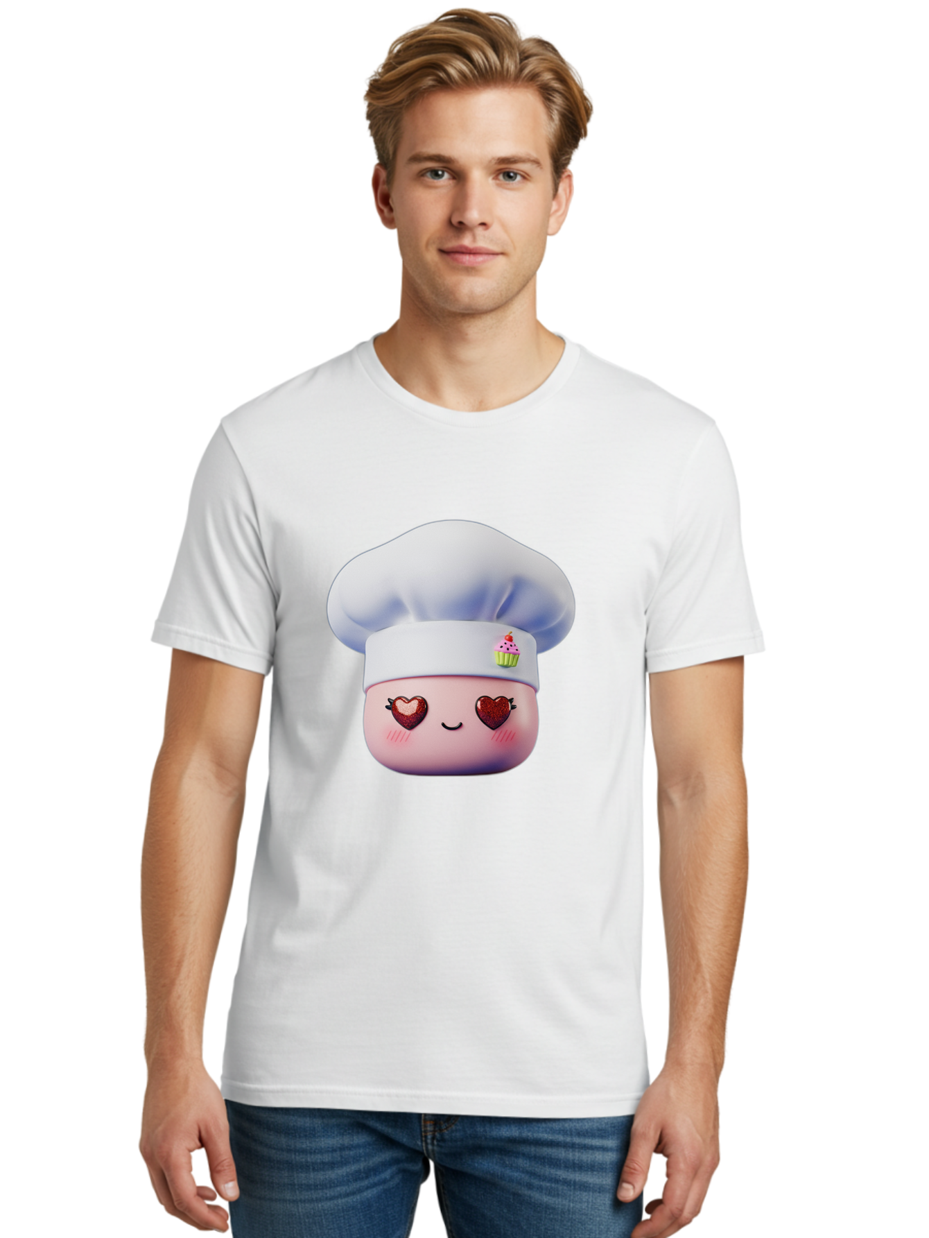 Cupcake-Chef Men'S Graphic Tee, 100% Cotton, Comfortable Casual Summer Wear, Machine Washable, Cartoon Chef, Baker Character, Sweet Treats, Heart-Shaped Eyes, Dessert Design, Baking Love, Pastry Chef Hat, Cute Pastel Colors, Whimsical Bakery Bac956 24