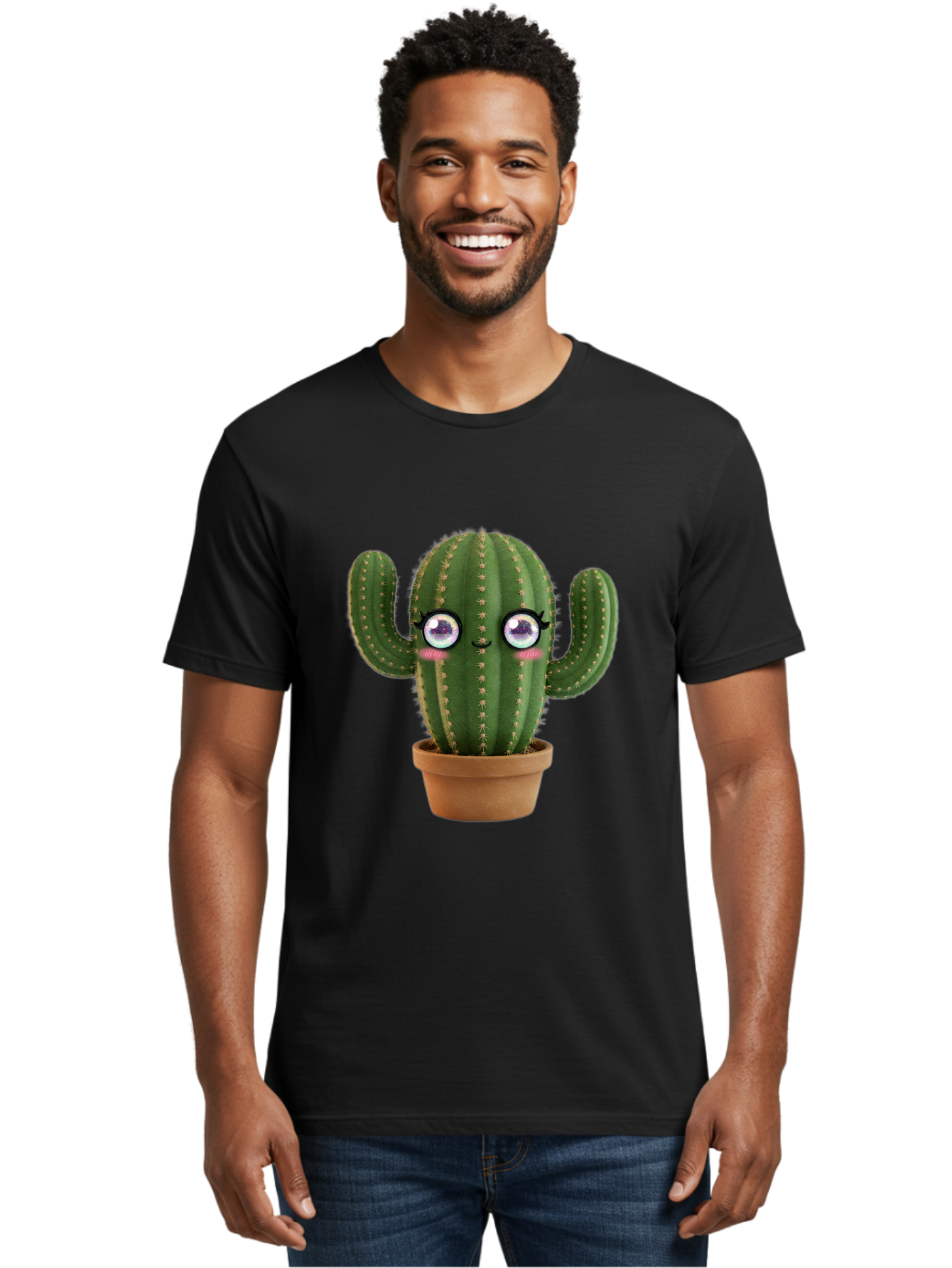 Cute-Cactus-1 Men'S Graphic Tee, 100% Cotton, Comfortable Casual Summer Wear, Machine Washable, Cartoon Cactus, Anthropomorphic Plant, Kawaii Character, Potted Cactus, Succulent Design, Funny Face, Cute Eyes, Terracotta Pot, Quirky Character, Bac961 25