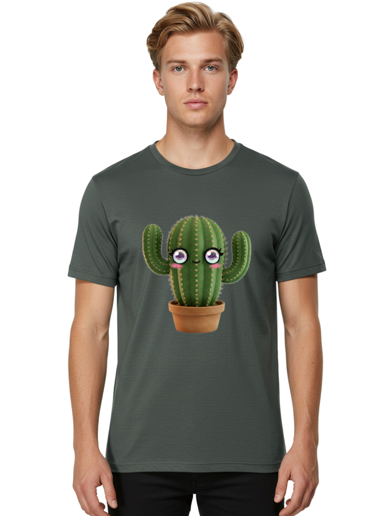 Cute-Cactus-1 Men'S Graphic Tee, 100% Cotton, Comfortable Casual Summer Wear, Machine Washable, Cartoon Cactus, Anthropomorphic Plant, Kawaii Character, Potted Cactus, Succulent Design, Funny Face, Cute Eyes, Terracotta Pot, Quirky Character, Bac961 22
