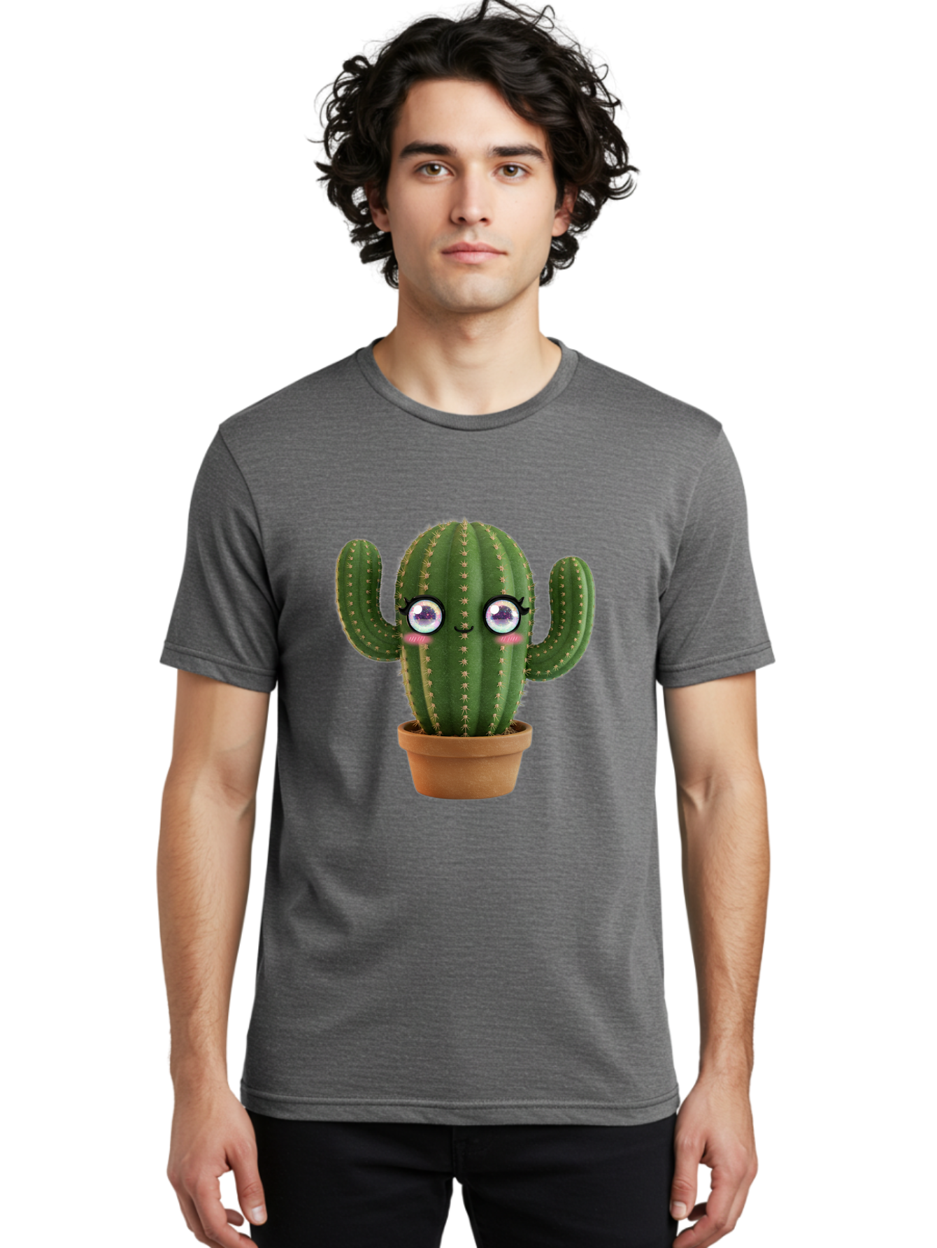 Cute-Cactus-1 Men'S Graphic Tee, 100% Cotton, Comfortable Casual Summer Wear, Machine Washable, Cartoon Cactus, Anthropomorphic Plant, Kawaii Character, Potted Cactus, Succulent Design, Funny Face, Cute Eyes, Terracotta Pot, Quirky Character, Bac961 20