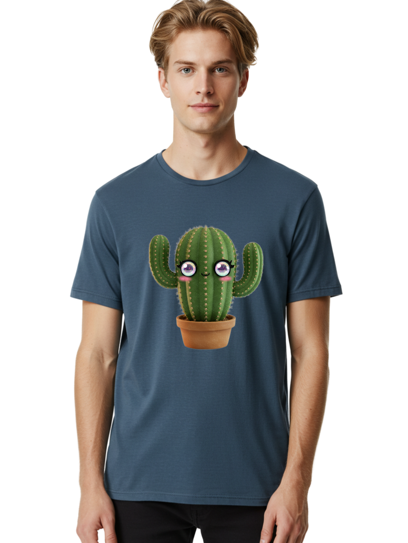 Cute-Cactus-1 Men'S Graphic Tee, 100% Cotton, Comfortable Casual Summer Wear, Machine Washable, Cartoon Cactus, Anthropomorphic Plant, Kawaii Character, Potted Cactus, Succulent Design, Funny Face, Cute Eyes, Terracotta Pot, Quirky Character, Bac961 24