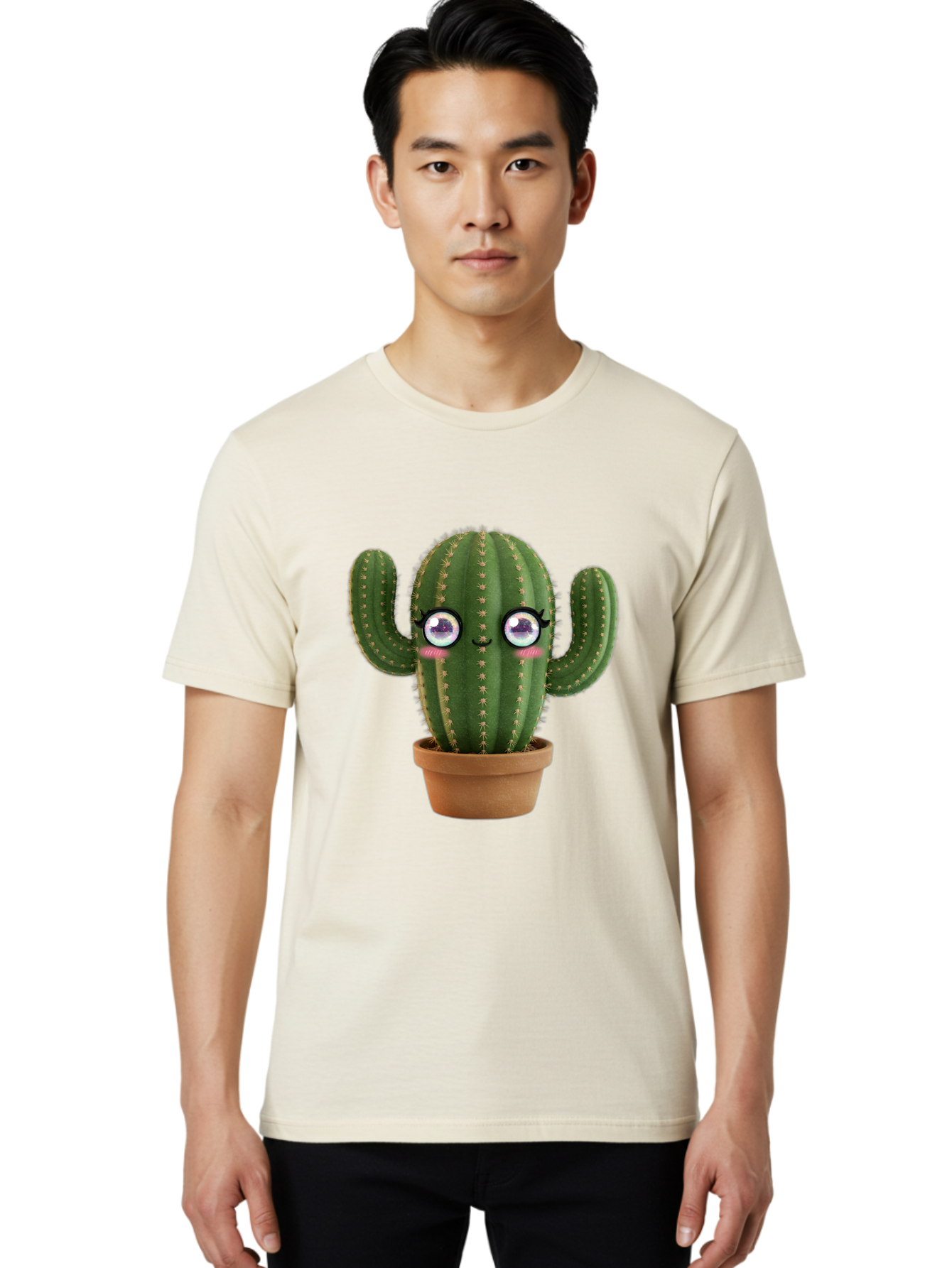 Cute-Cactus-1 Men'S Graphic Tee, 100% Cotton, Comfortable Casual Summer Wear, Machine Washable, Cartoon Cactus, Anthropomorphic Plant, Kawaii Character, Potted Cactus, Succulent Design, Funny Face, Cute Eyes, Terracotta Pot, Quirky Character, Bac961 28
