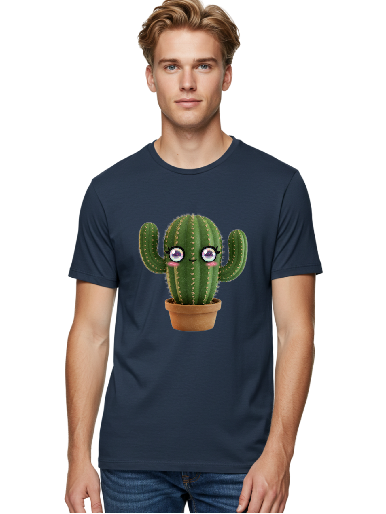 Cute-Cactus-1 Men'S Graphic Tee, 100% Cotton, Comfortable Casual Summer Wear, Machine Washable, Cartoon Cactus, Anthropomorphic Plant, Kawaii Character, Potted Cactus, Succulent Design, Funny Face, Cute Eyes, Terracotta Pot, Quirky Character, Bac961 17