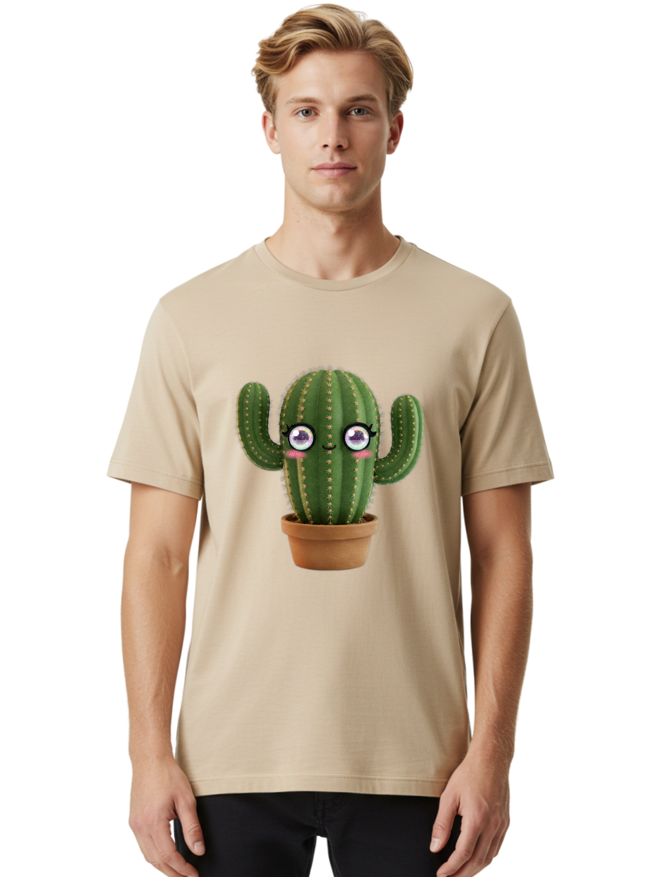 Cute-Cactus-1 Men'S Graphic Tee, 100% Cotton, Comfortable Casual Summer Wear, Machine Washable, Cartoon Cactus, Anthropomorphic Plant, Kawaii Character, Potted Cactus, Succulent Design, Funny Face, Cute Eyes, Terracotta Pot, Quirky Character, Bac961 19